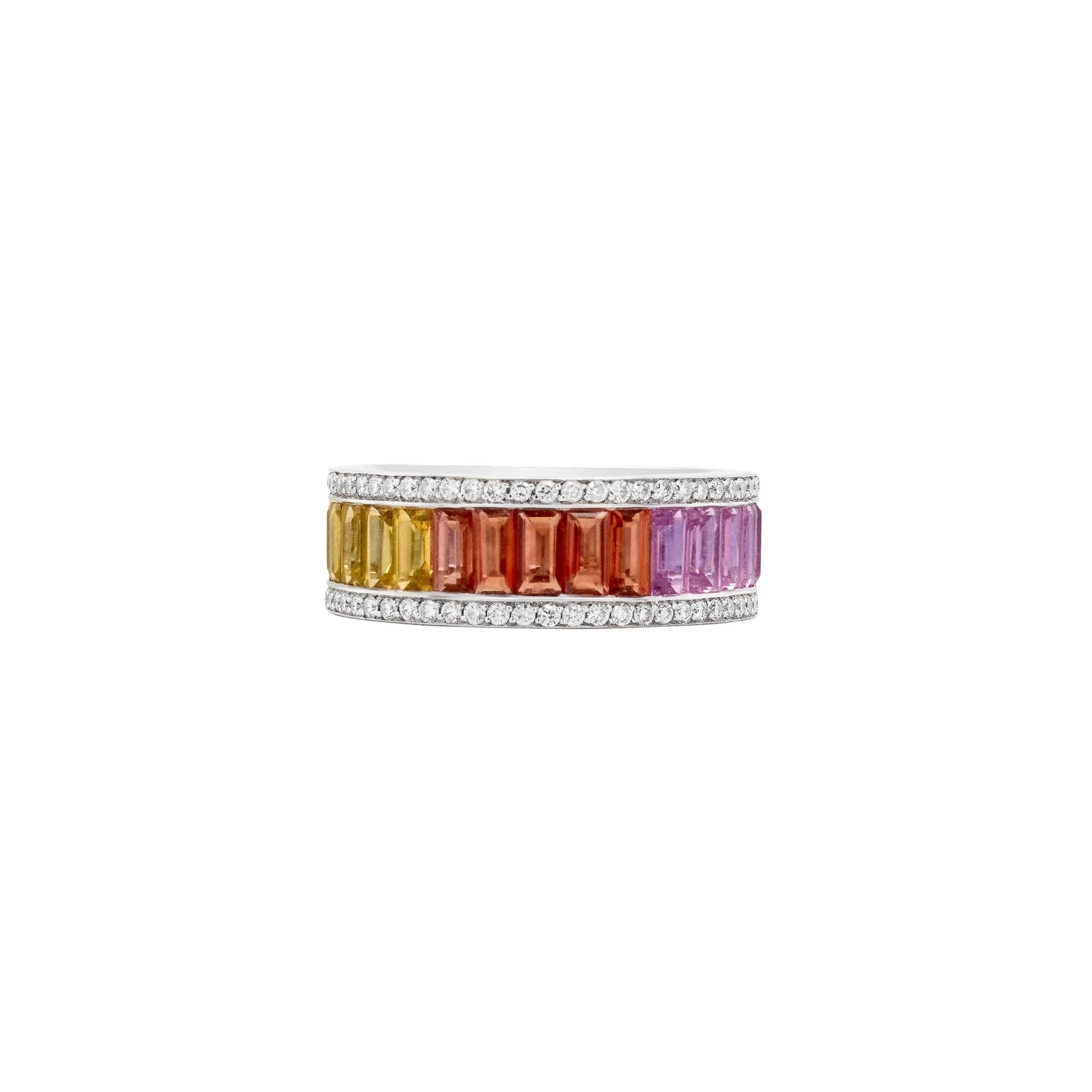 Modern 5.02 Carat Rainbow Sapphire and Diamond Ring in 18k White Gold For Sale