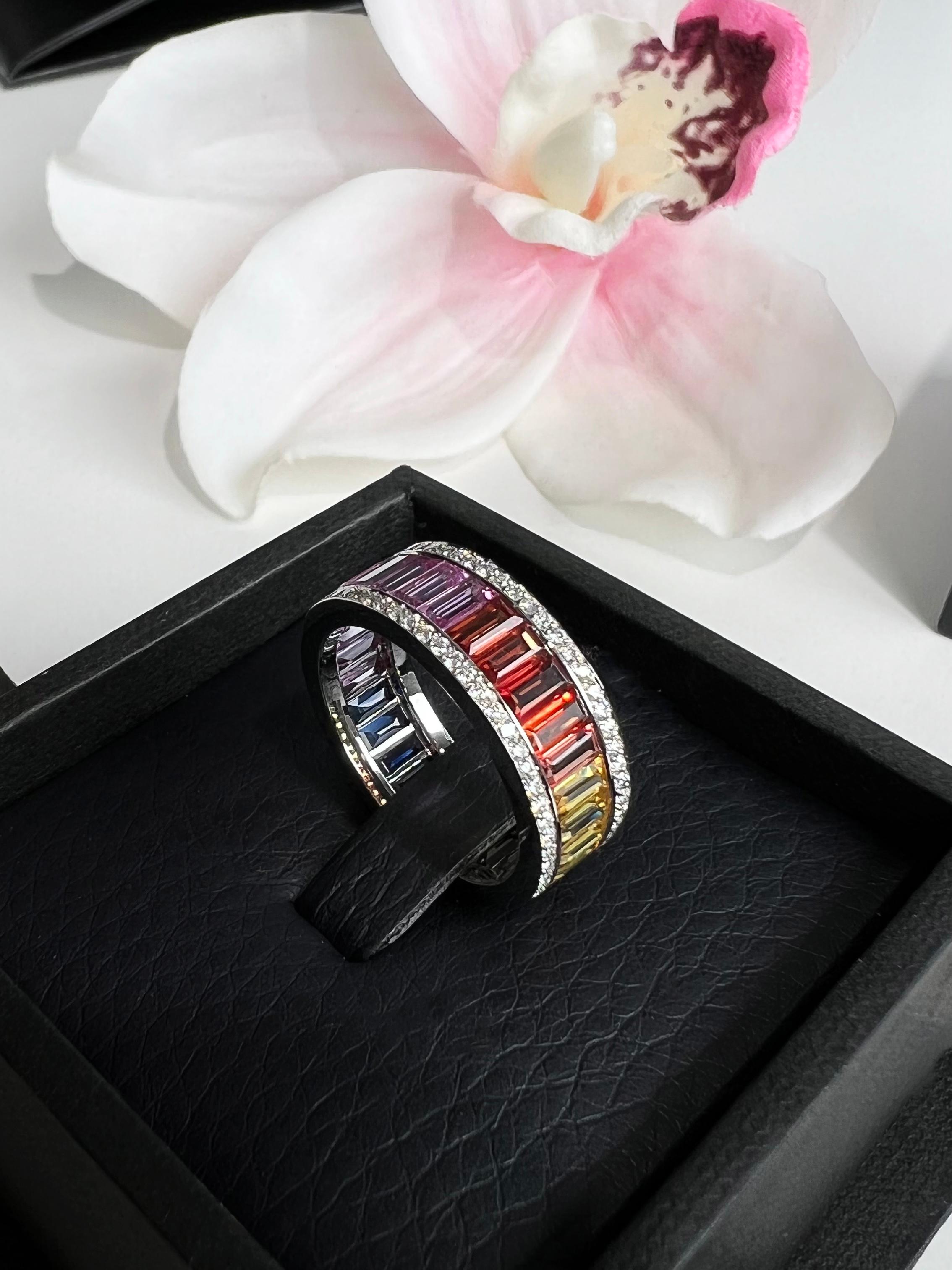 Baguette Cut 5.02 Carat Rainbow Sapphire and Diamond Ring in 18k White Gold For Sale