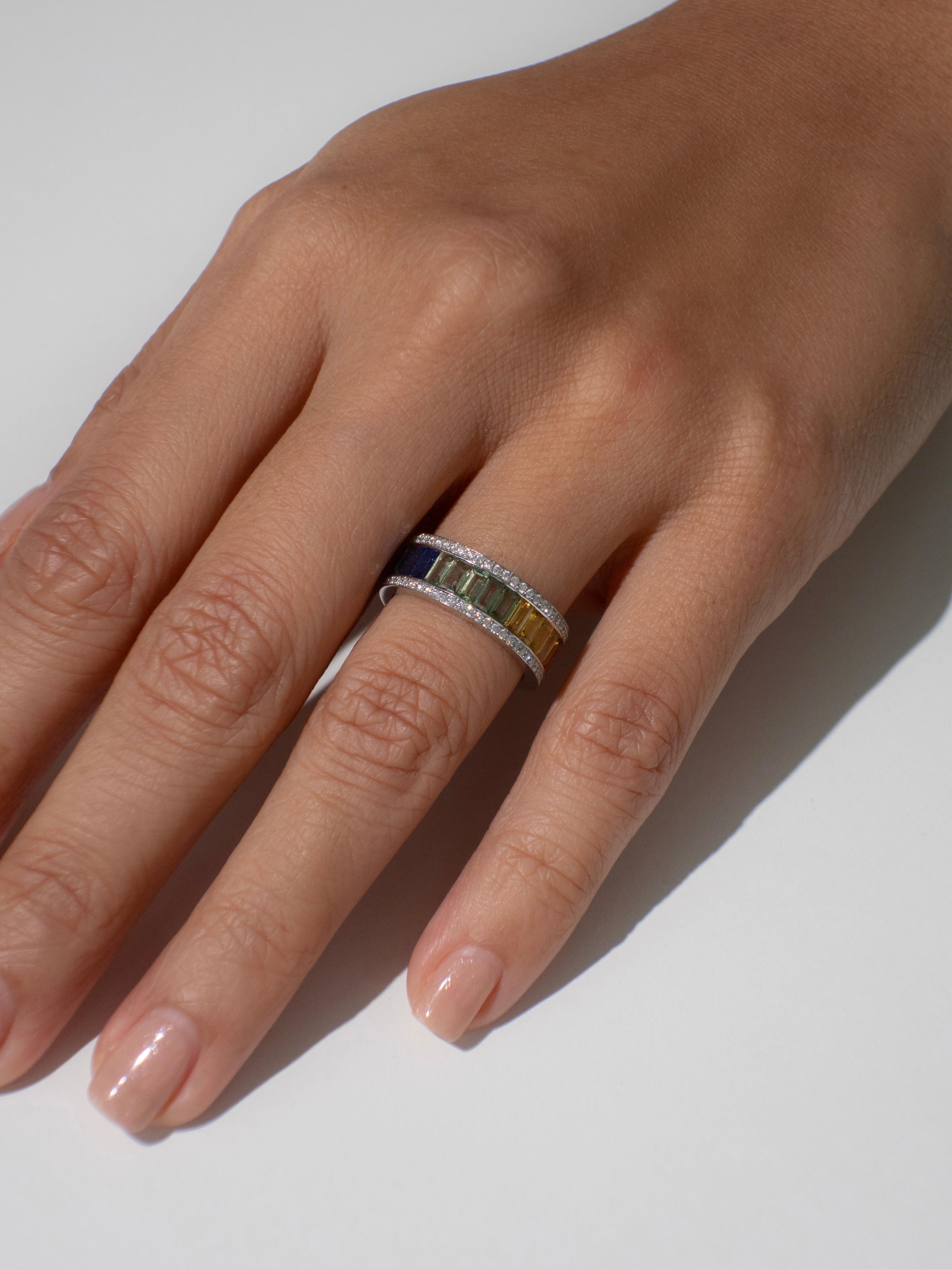 5.02 Carat Rainbow Sapphire and Diamond Ring in 18k White Gold For Sale 3