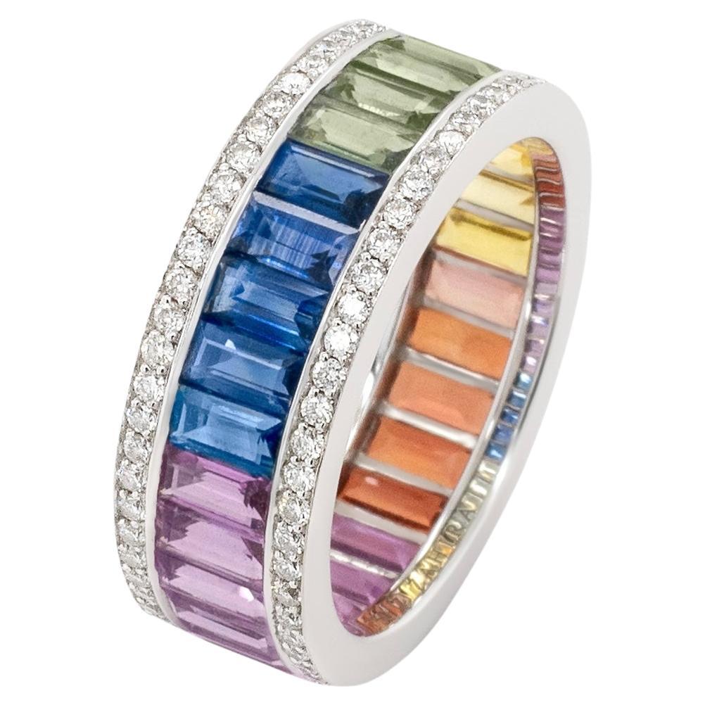 5.02 Carat Rainbow Sapphire and Diamond Ring in 18k White Gold 