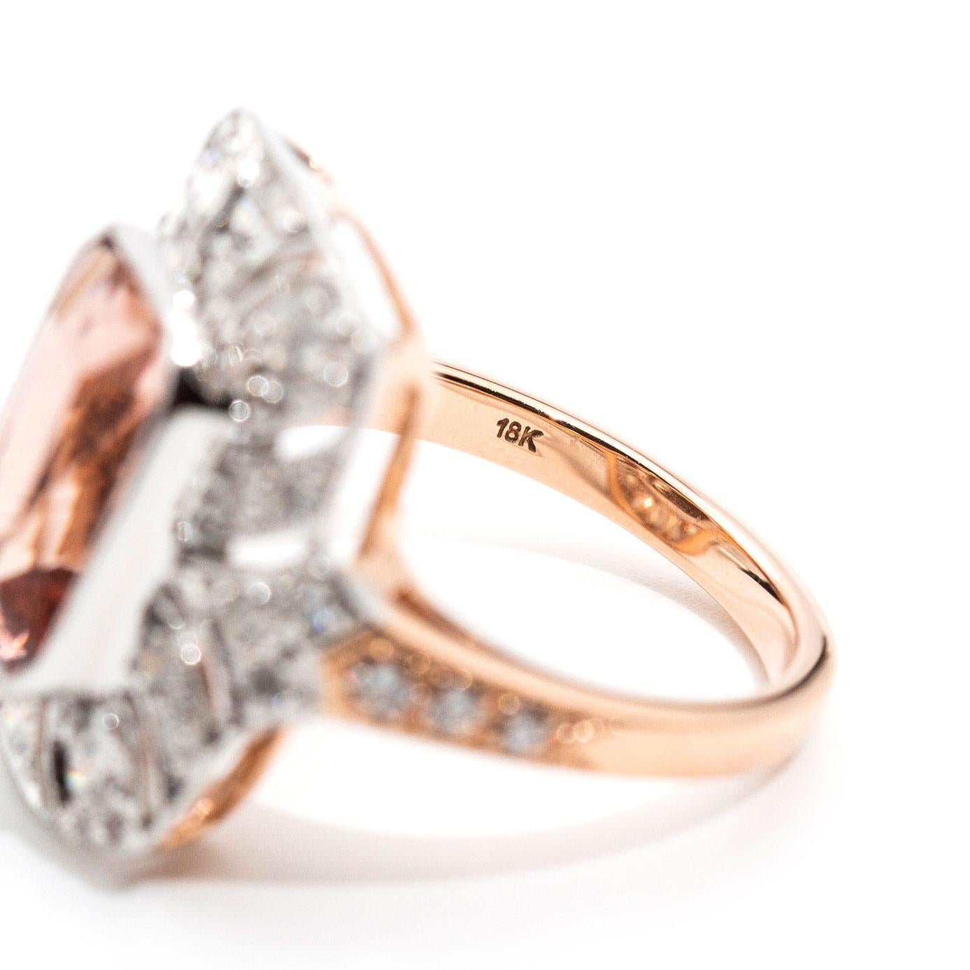 5.02 Carat Salmon Pink Radiant Morganite and Diamond 18 Carat Rose Gold Ring 2