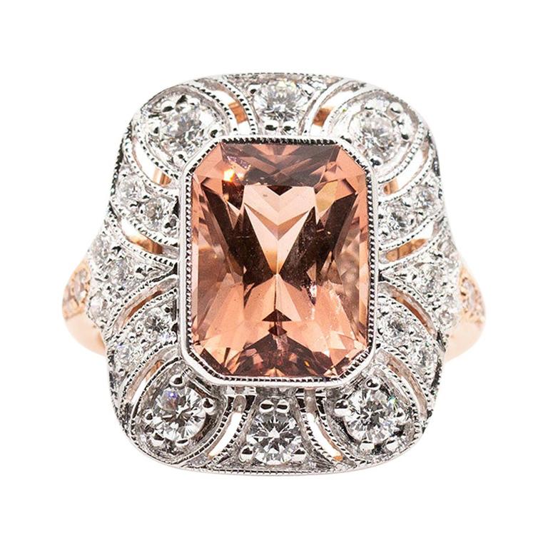 5.02 Carat Salmon Pink Radiant Morganite and Diamond 18 Carat Rose Gold Ring