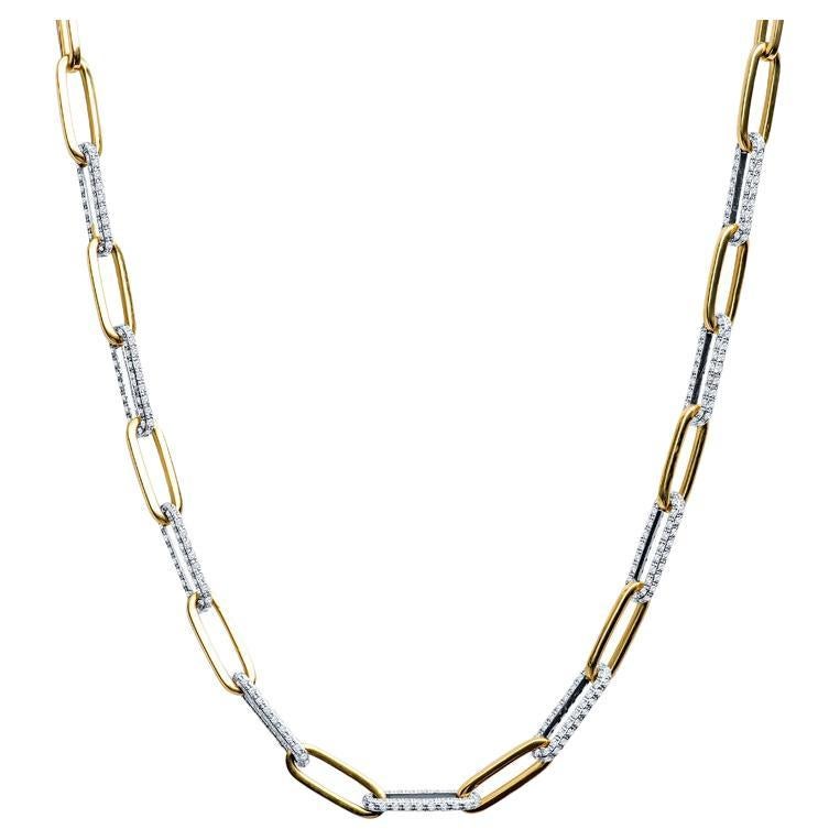 5.02 Carat Total Weight Round Diamond 14 Karat Yellow Gold Paperclip Necklace For Sale