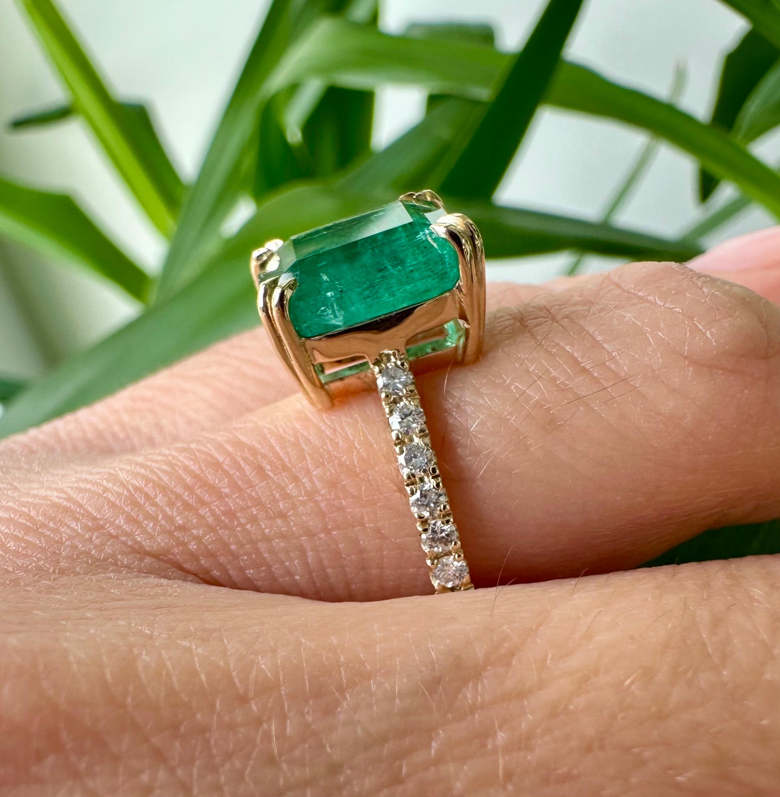 Emerald Cut 5.02 Carat Zambian Emerald And Diamond Ring In 14k Yellow Gold For Sale
