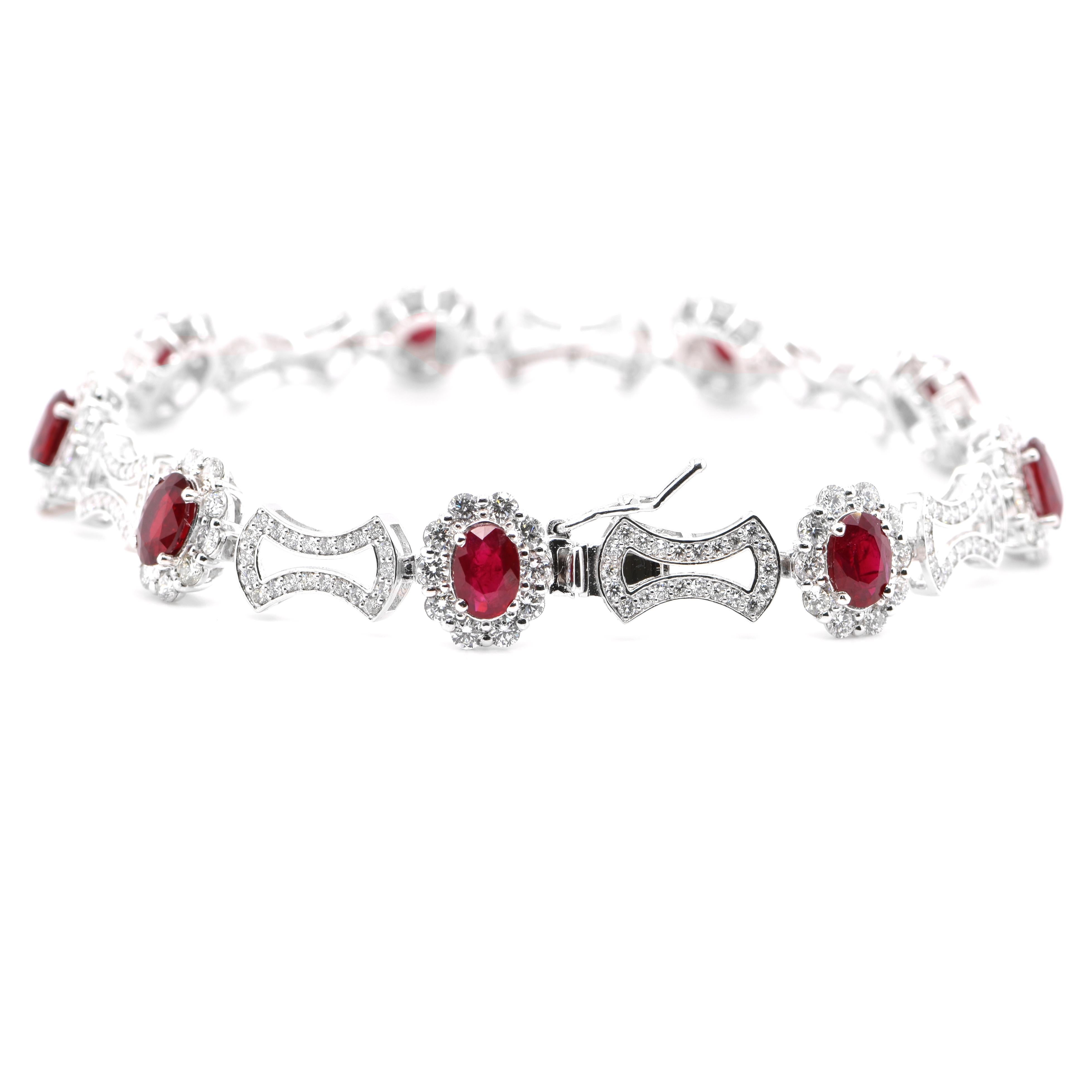 Oval Cut 5.02 Carats Natural Rubies and Diamond Tennis Bracelet Set in Platinum