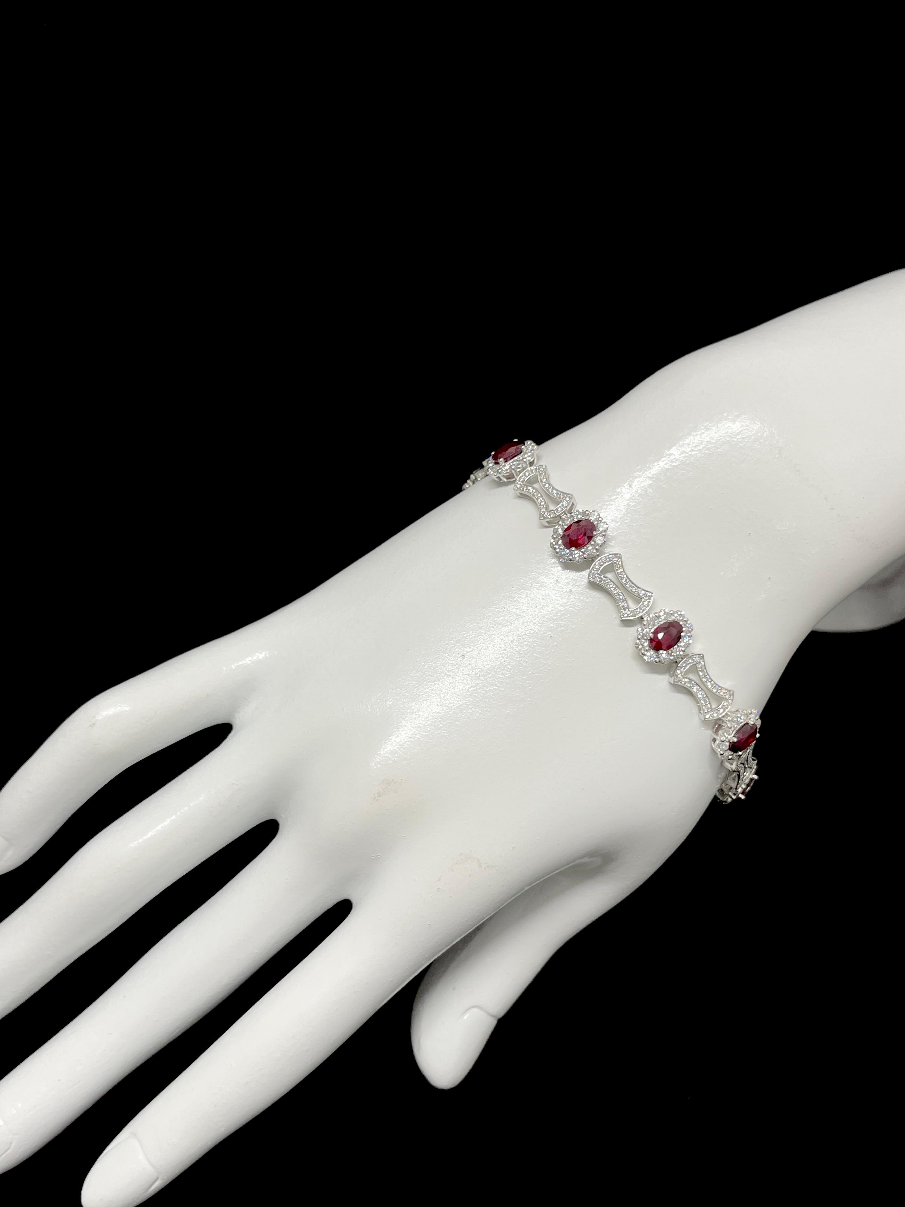 Women's 5.02 Carats Natural Rubies and Diamond Tennis Bracelet Set in Platinum