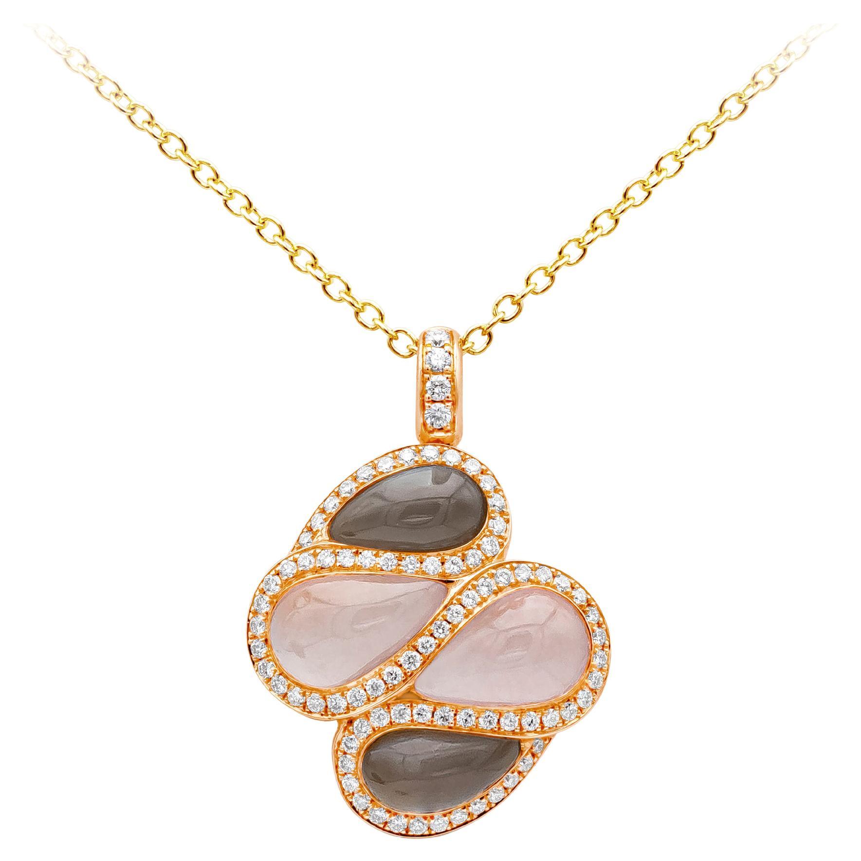 5.02 Carats Total Pear Shape Grey Moonstone and Rose Quartz Pendant Necklace For Sale