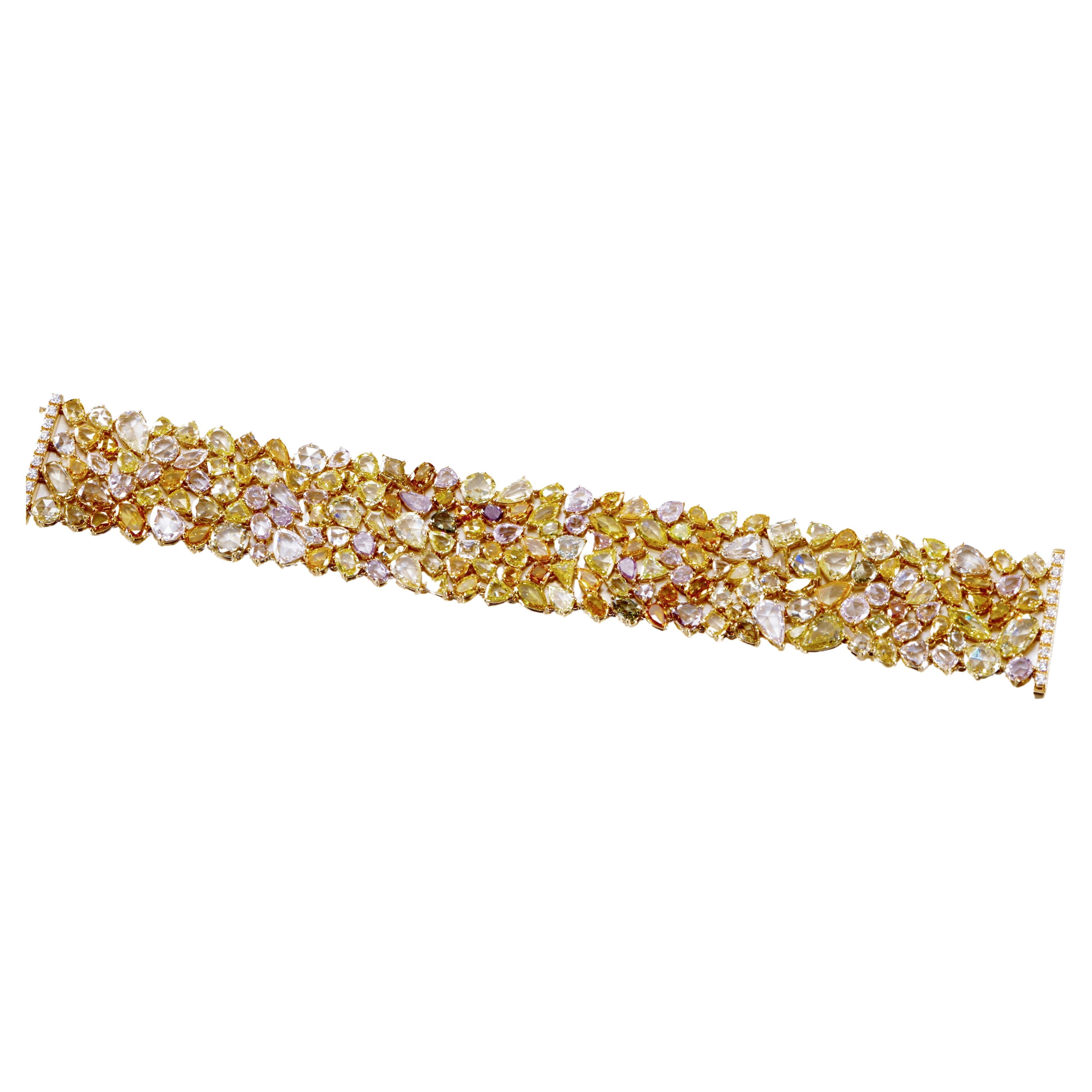 50.28 CT Rose Cut Fancy Color Natural Diamond Mosaic Bracelet in 18K Yellow Gold For Sale