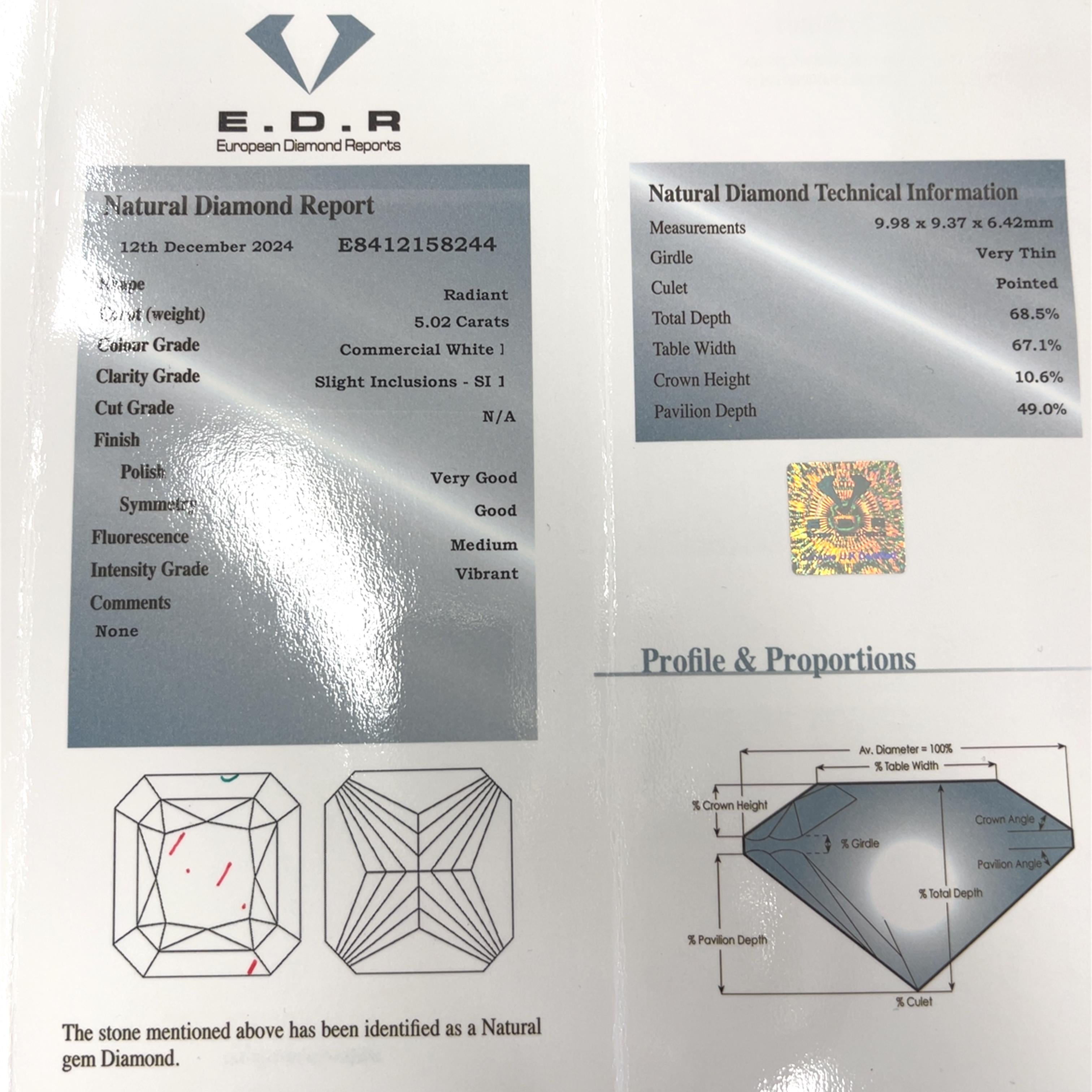 Diamant naturel taille radiant de 5,02 carats I/SI1 serti dans platine 3