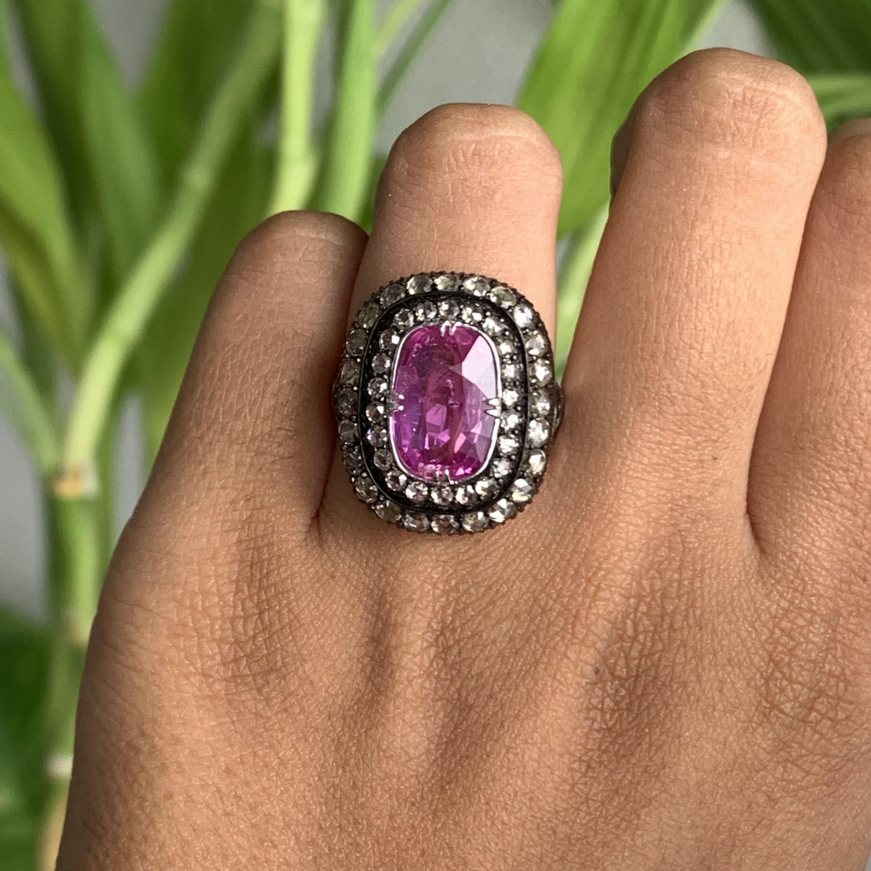 Cushion Cut 5.03 Ct Pink Sapphire & Rose Cut Diamonds studded 18K Gold Art Deco Ring For Sale