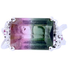 5.03 Carat Bicolored Tourmaline, 0.04 Carat Pink Sapphire and Diamond Ring