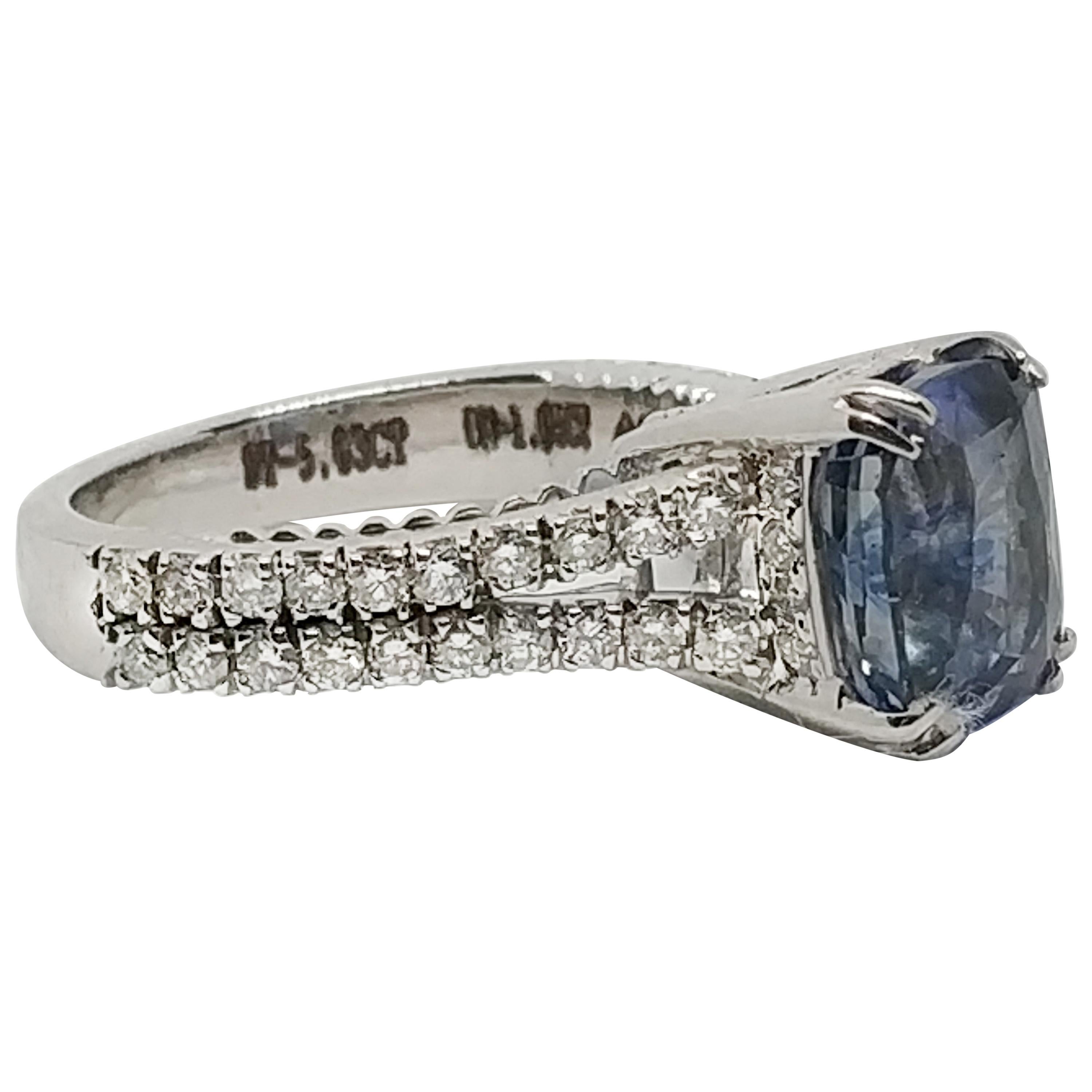 5.03 carat certified untreated blue Ceylon sapphire and
1.05 carat diamond
in 18 carat white gold

