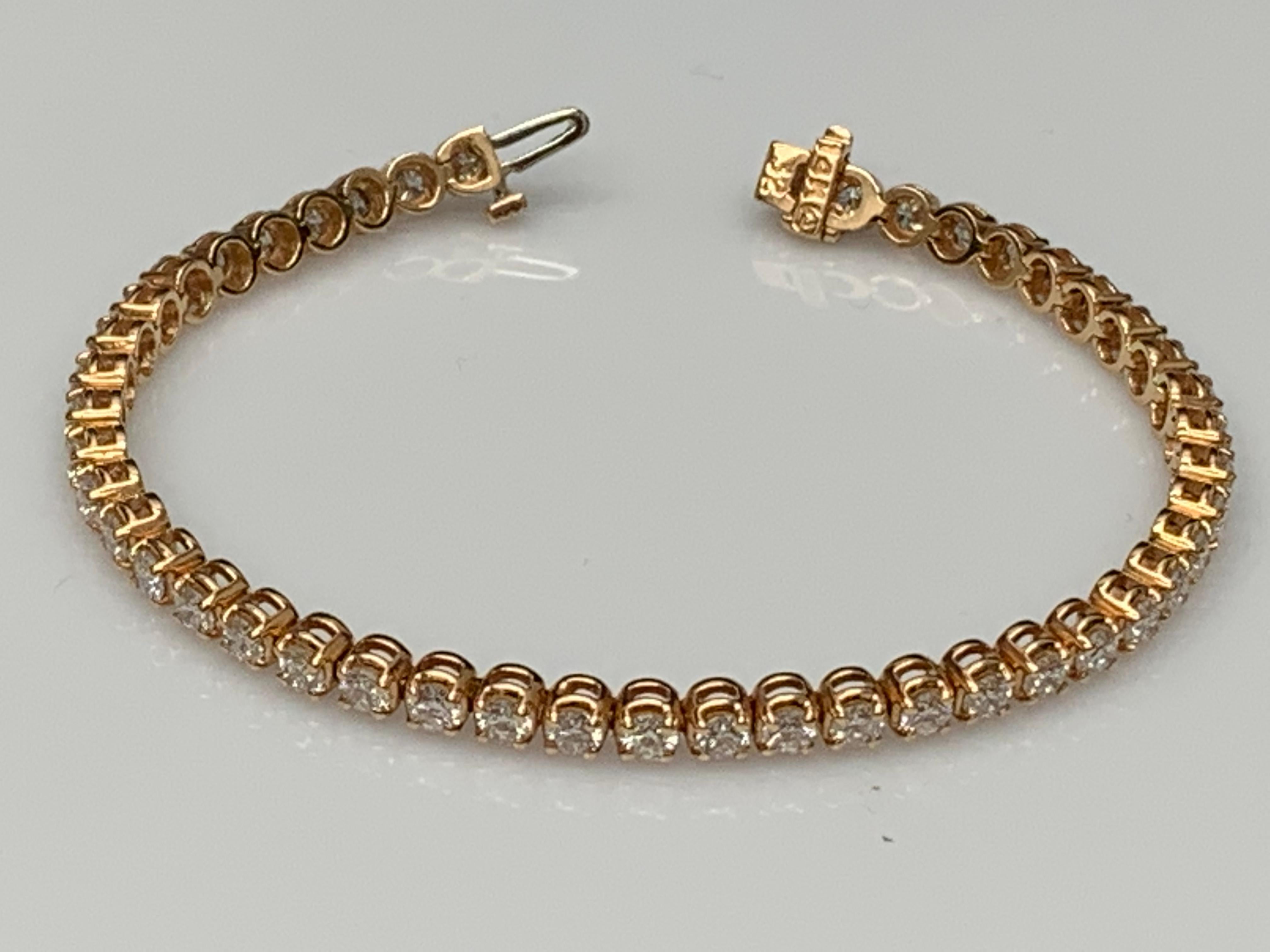 Women's 5.03 Carat Brilliant Cut Round Diamond Tennis Bracelet in 18K Rose Gold For Sale