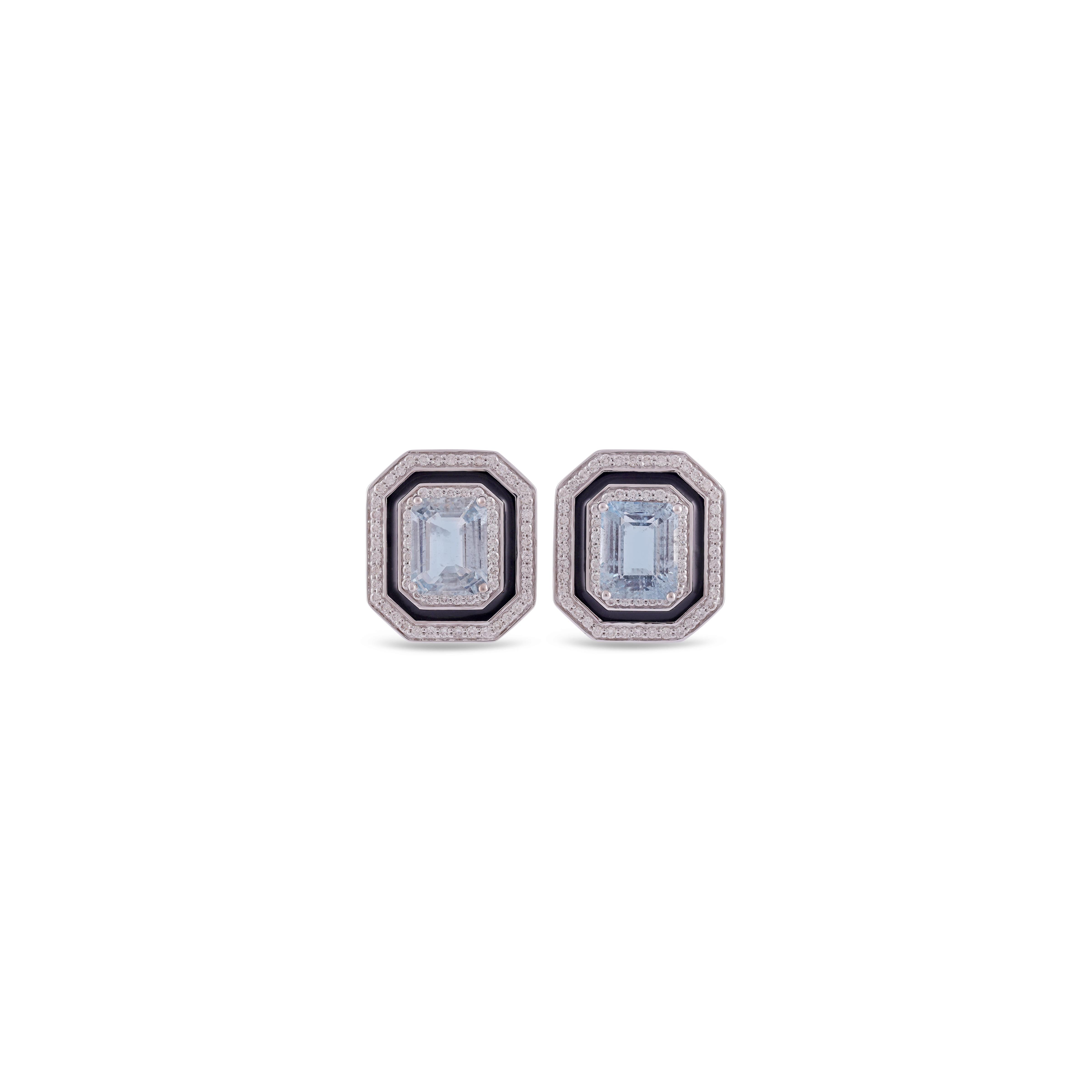 Modernist 5.03 Carat Clear Aquamarine & Enamel Earring Studs in 18k White Gold