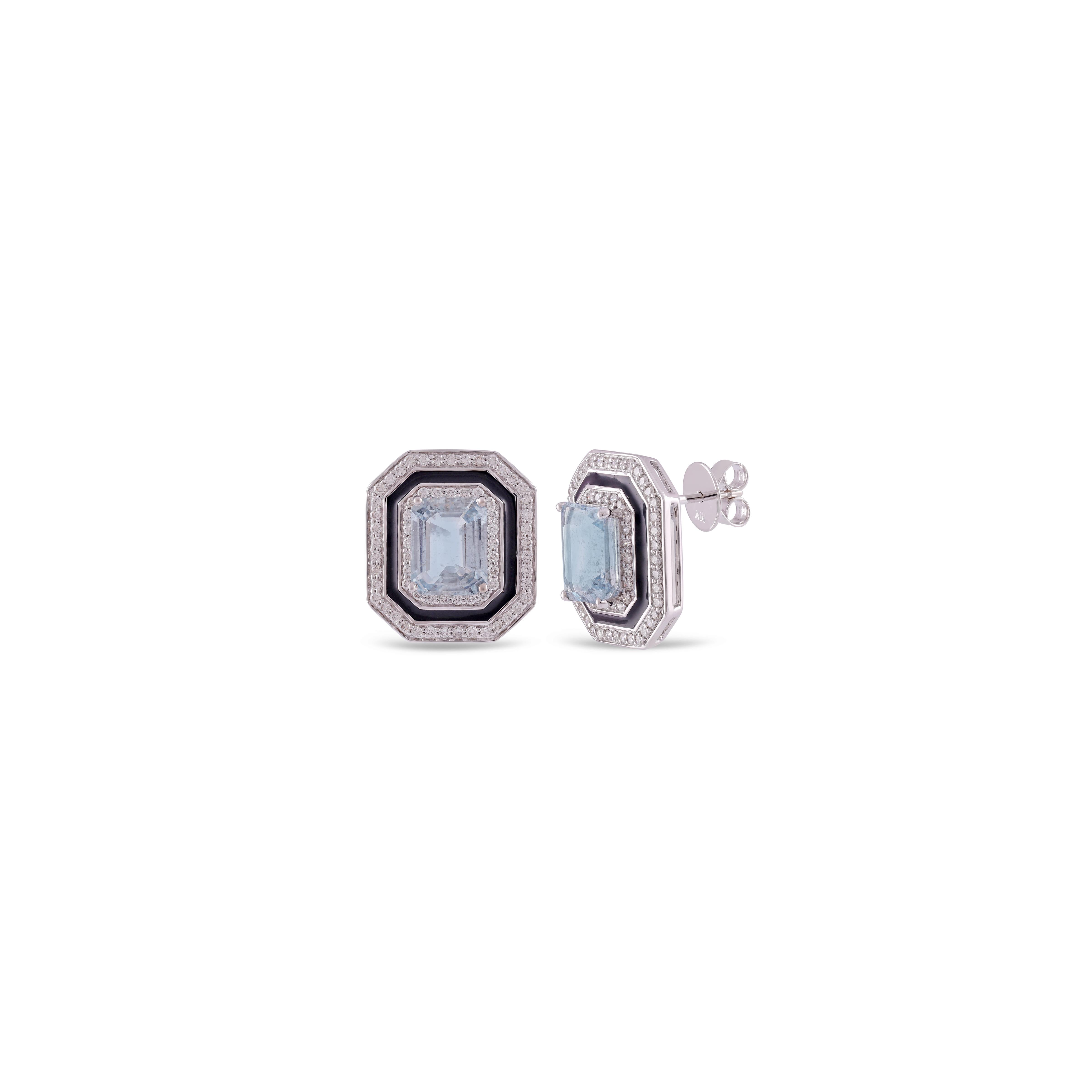 Emerald Cut 5.03 Carat Clear Aquamarine & Enamel Earring Studs in 18k White Gold