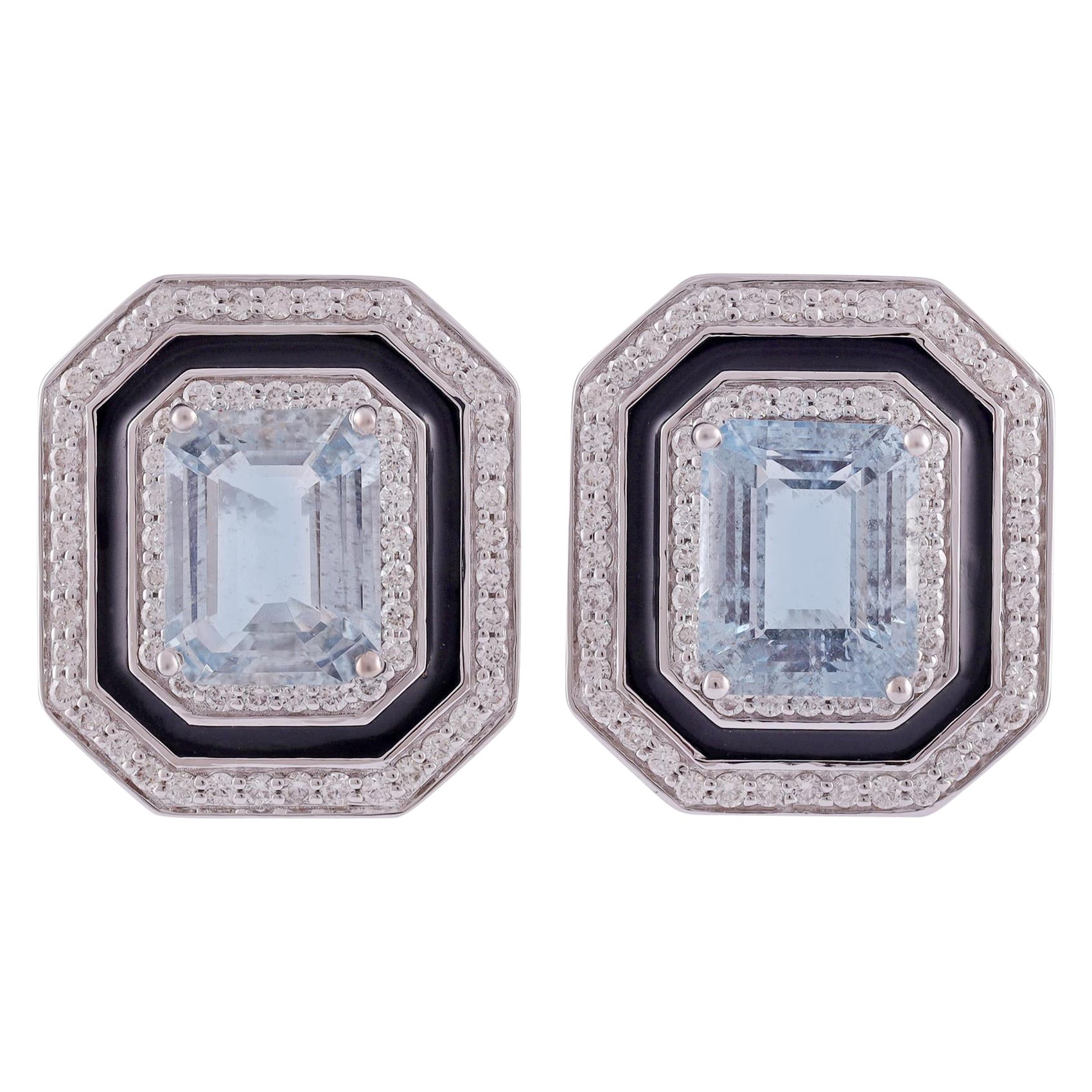 5.03 Carat Clear Aquamarine & Enamel Earring Studs in 18k White Gold For Sale