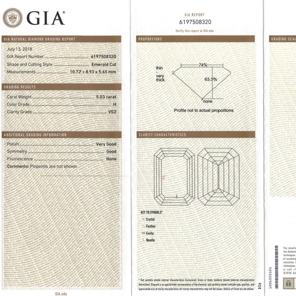 5.03 Carat H VS2 Emerald Cut Diamond Platinum Engagement Ring GIA Certified 3