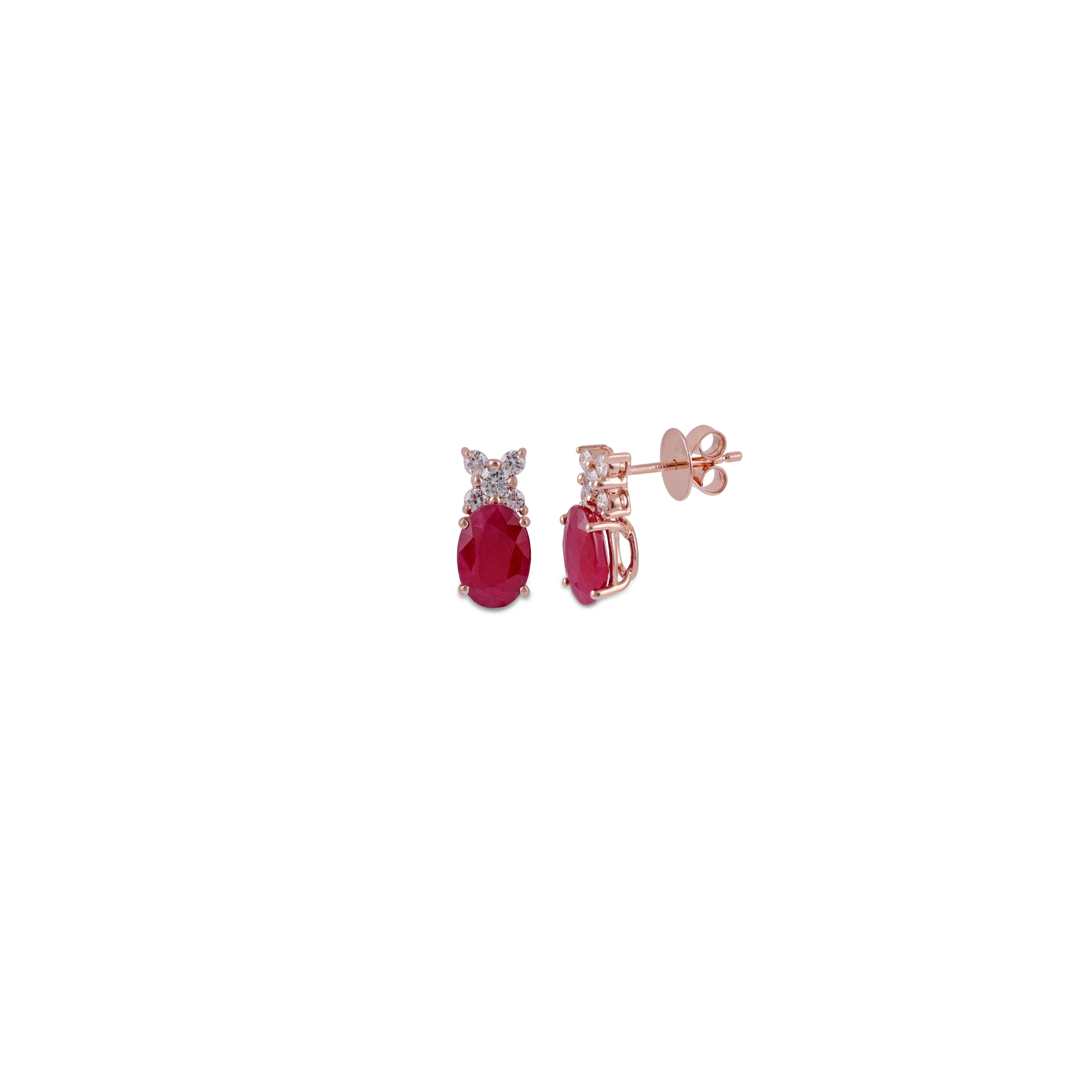 Classical Roman 5.03 Carat Mozambique Ruby & Diamond Stud Earring in 18K Rose gold For Sale