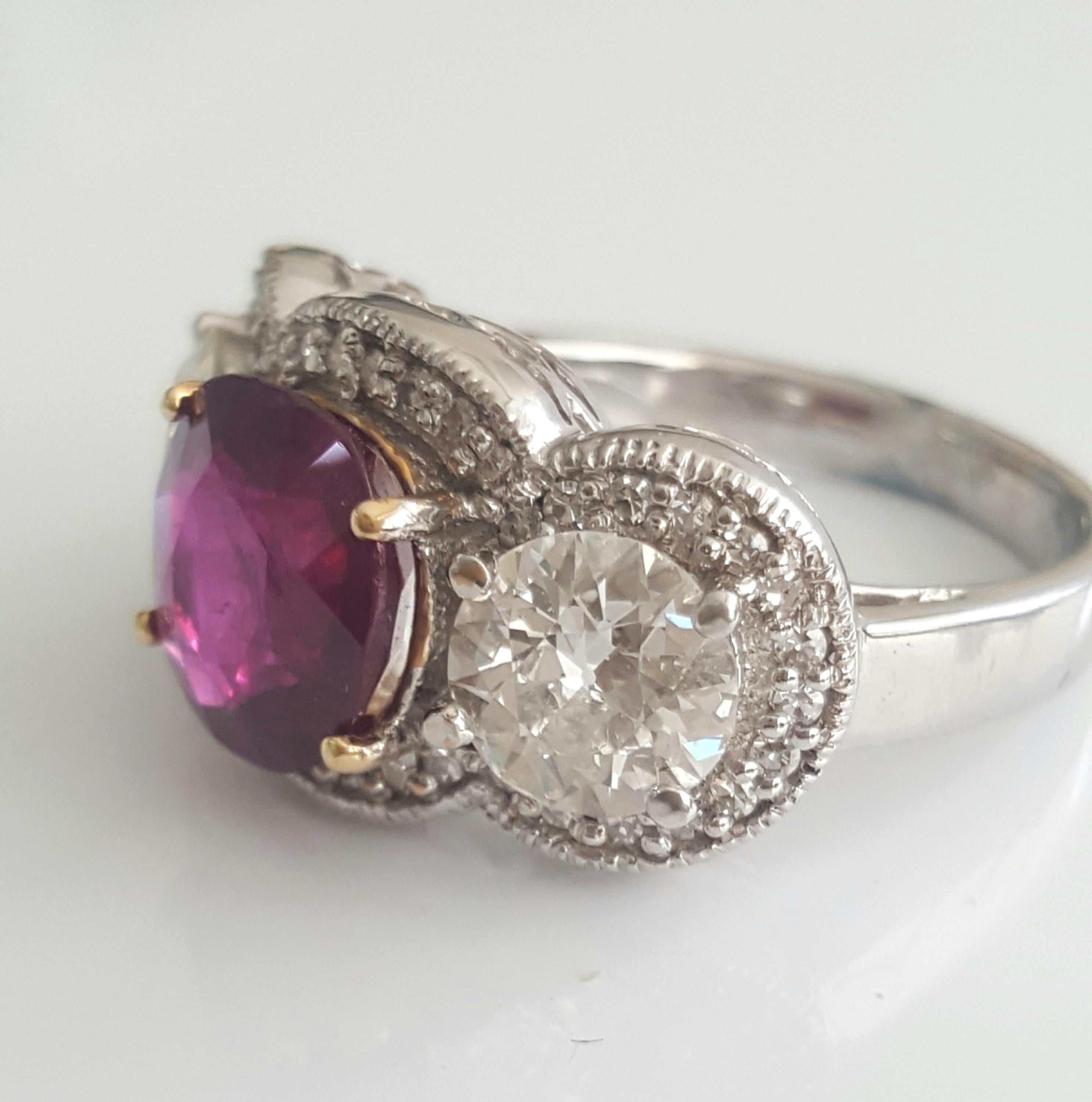 5.03 Carat Natural Cushion Ruby And White Round Old Cut Diamond Ring In 18K. For Sale 3