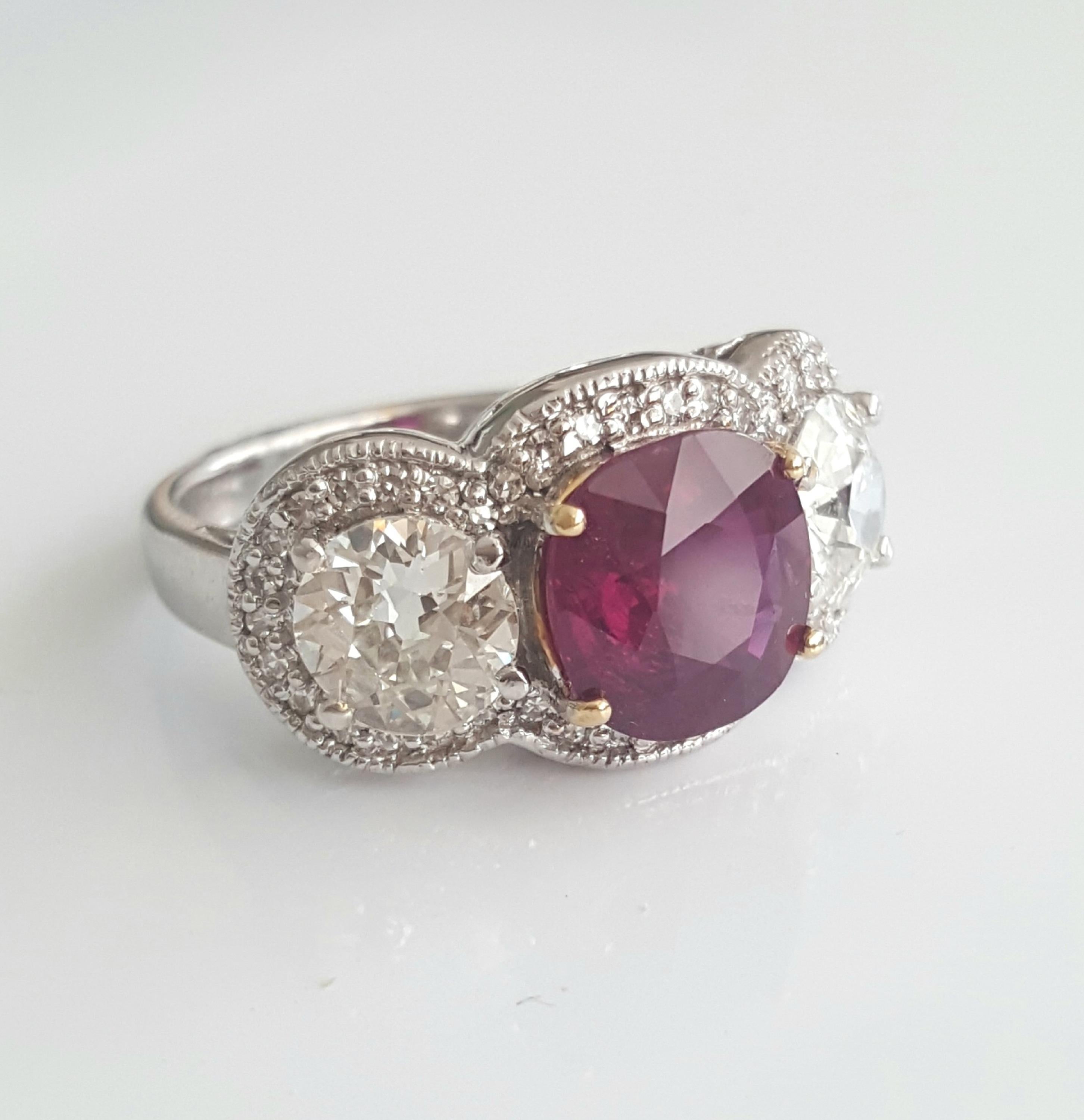 Contemporary 5.03 Carat Natural Cushion Ruby And White Round Old Cut Diamond Ring In 18K. For Sale
