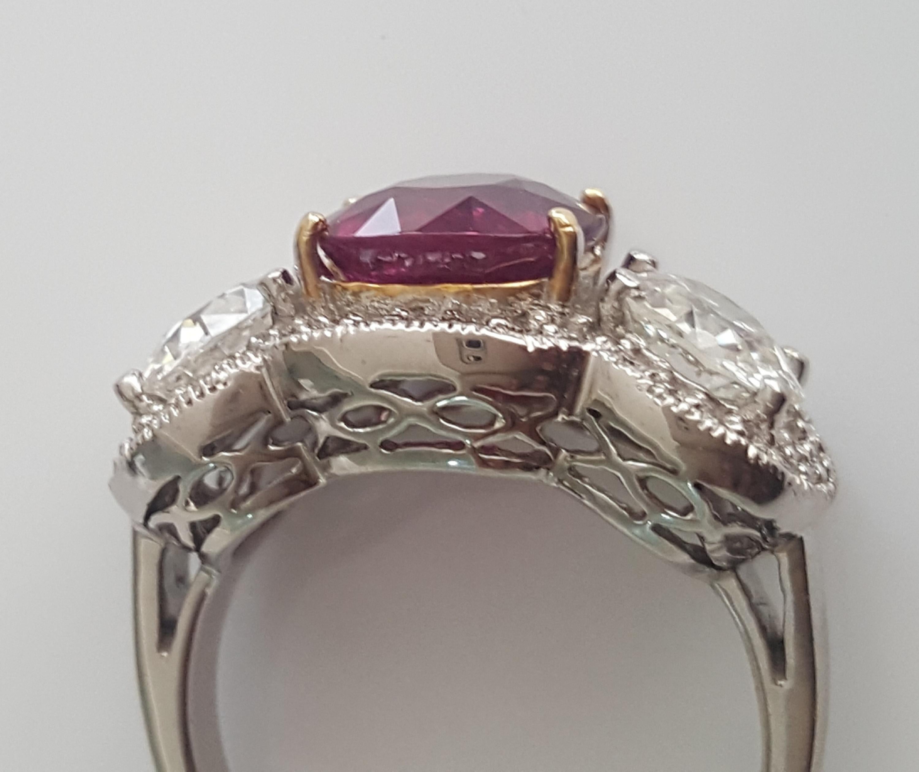 5.03 Carat Natural Cushion Ruby And White Round Old Cut Diamond Ring In 18K. In New Condition For Sale In New York, NY