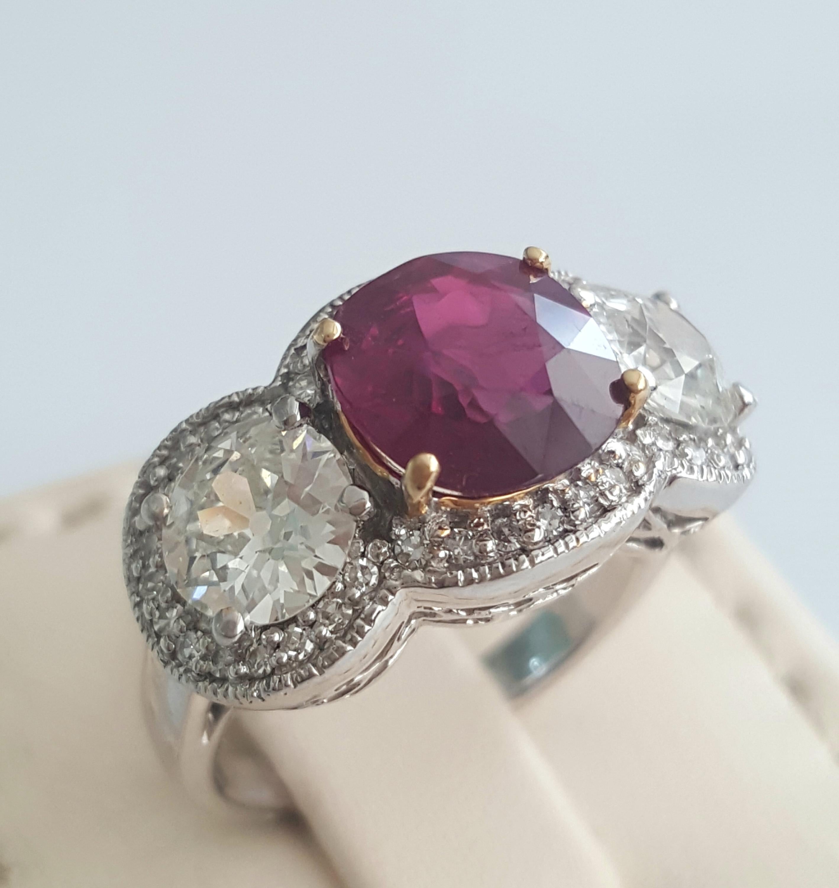 5.03 Carat Natural Cushion Ruby And White Round Old Cut Diamond Ring In 18K. For Sale 1