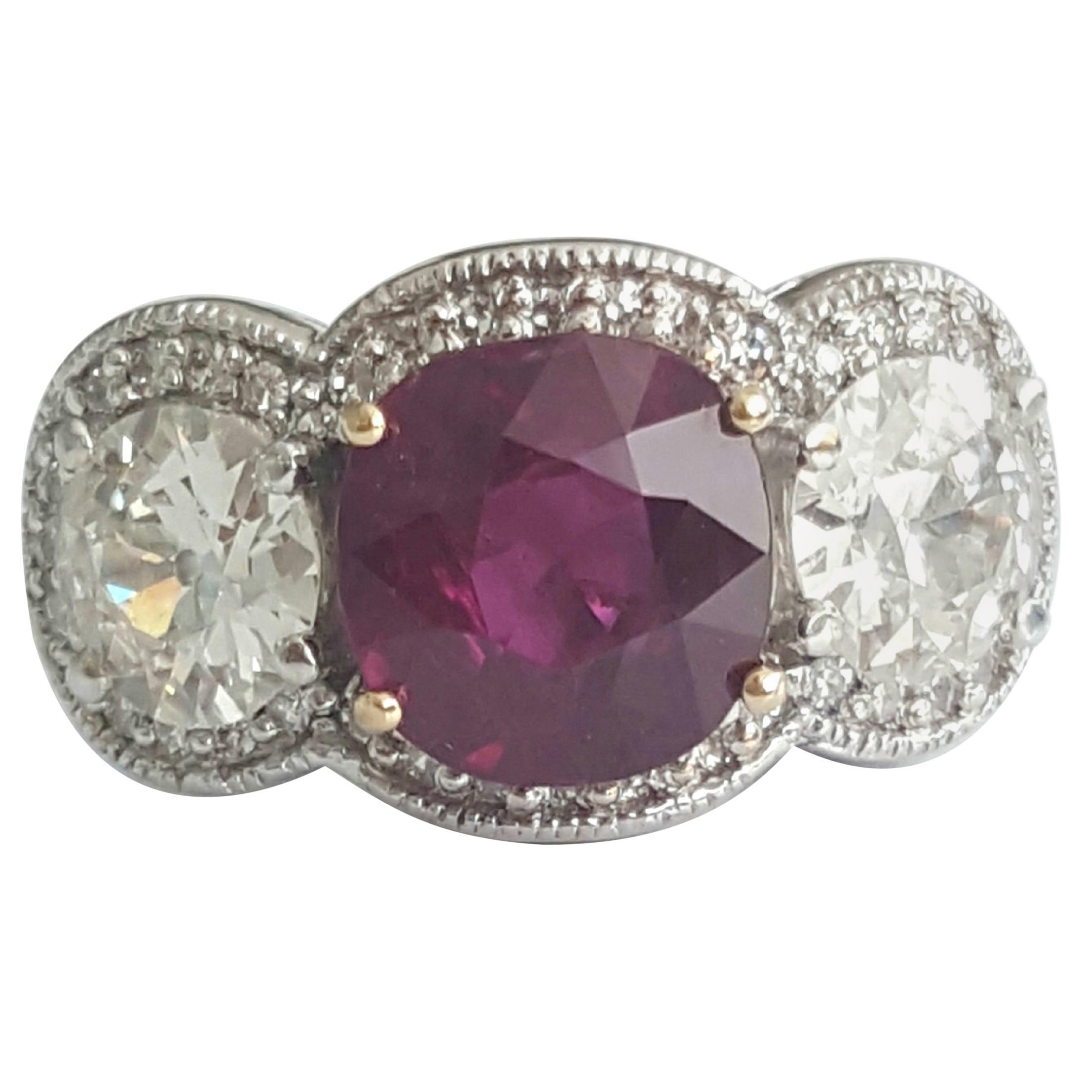 5.03 Carat Natural Cushion Ruby And White Round Old Cut Diamond Ring In 18K.