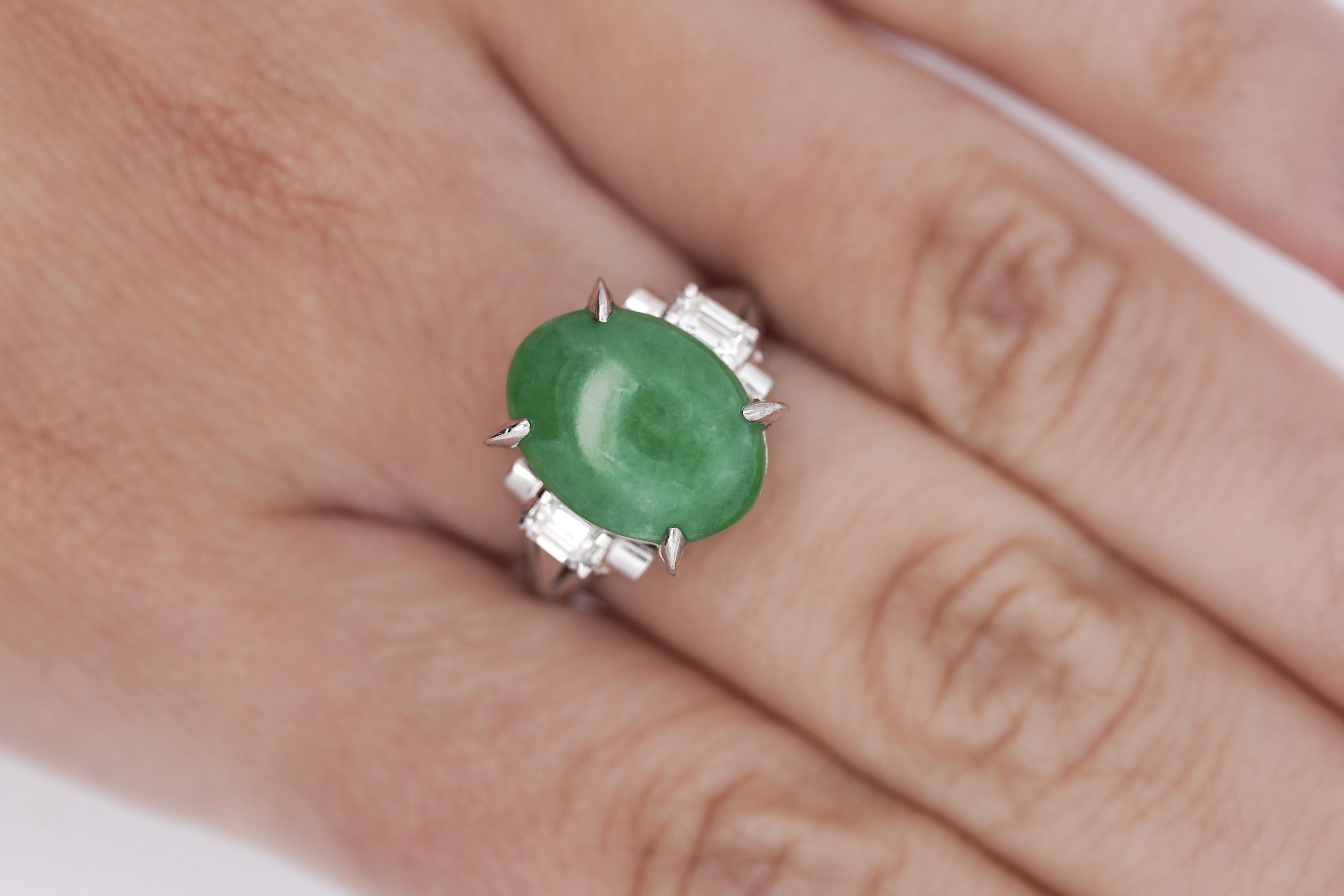 5.03 Carat Natural Jade and Diamond Filigree Cathedral Platinum Ring For Sale 1
