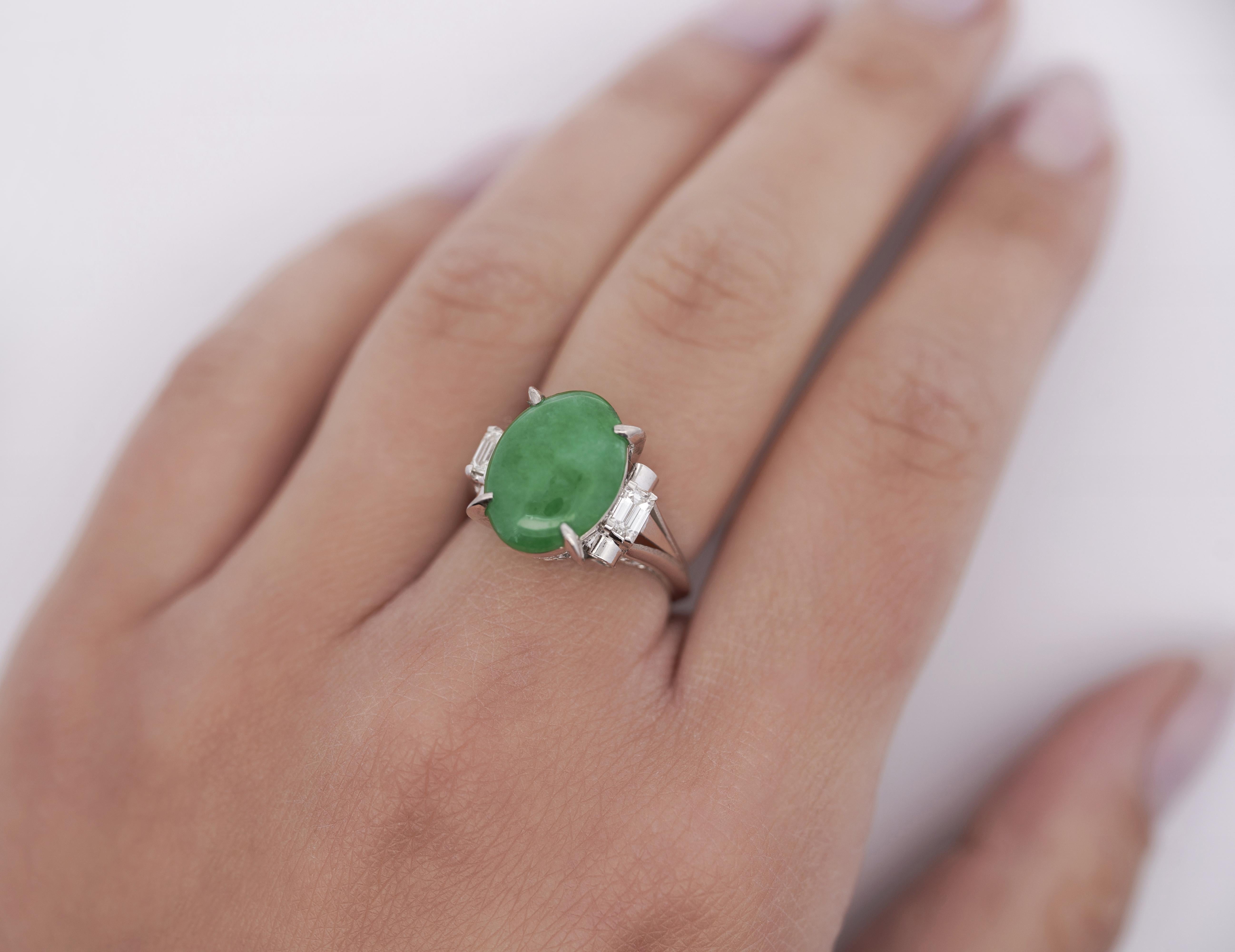 5.03 Carat Natural Jade and Diamond Filigree Cathedral Platinum Ring For Sale 2