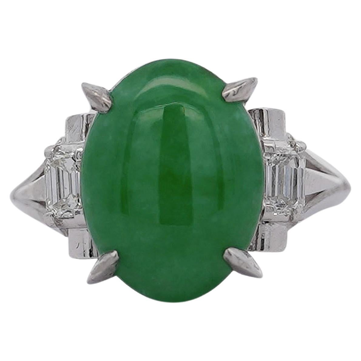 5.03 Carat Natural Jade and Diamond Filigree Cathedral Platinum Ring For Sale