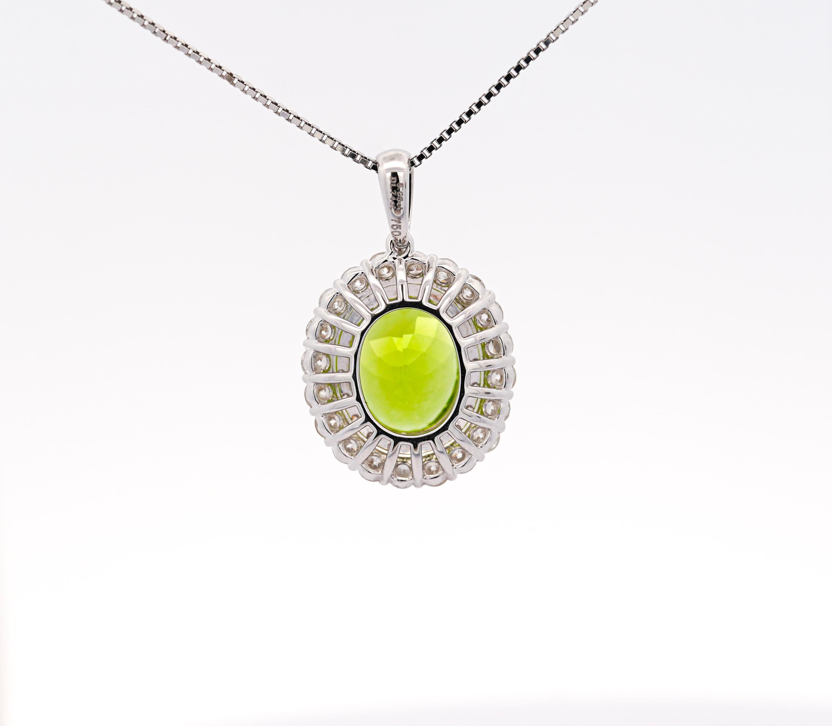 Oval Cut 5.03 Carat Oval Peridot Pendant with Round Cut Diamond Halo in 18K White Gold For Sale
