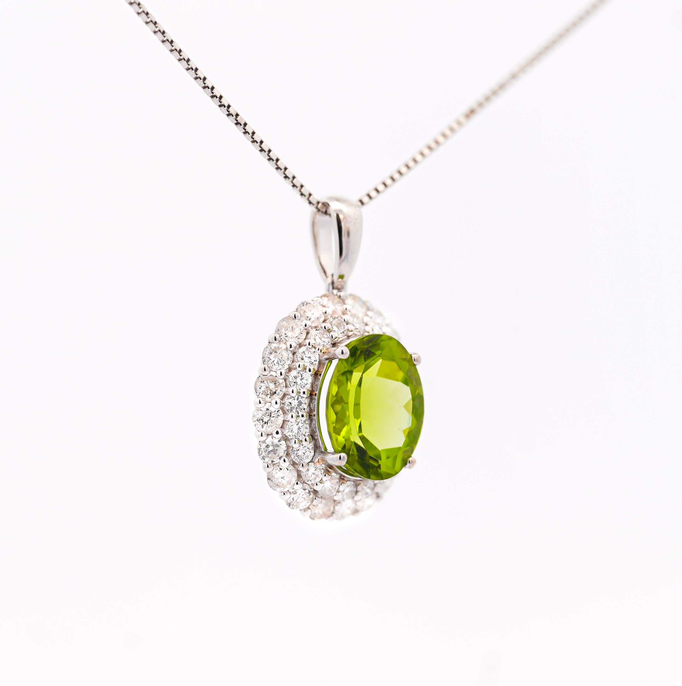 Women's 5.03 Carat Oval Peridot Pendant with Round Cut Diamond Halo in 18K White Gold For Sale