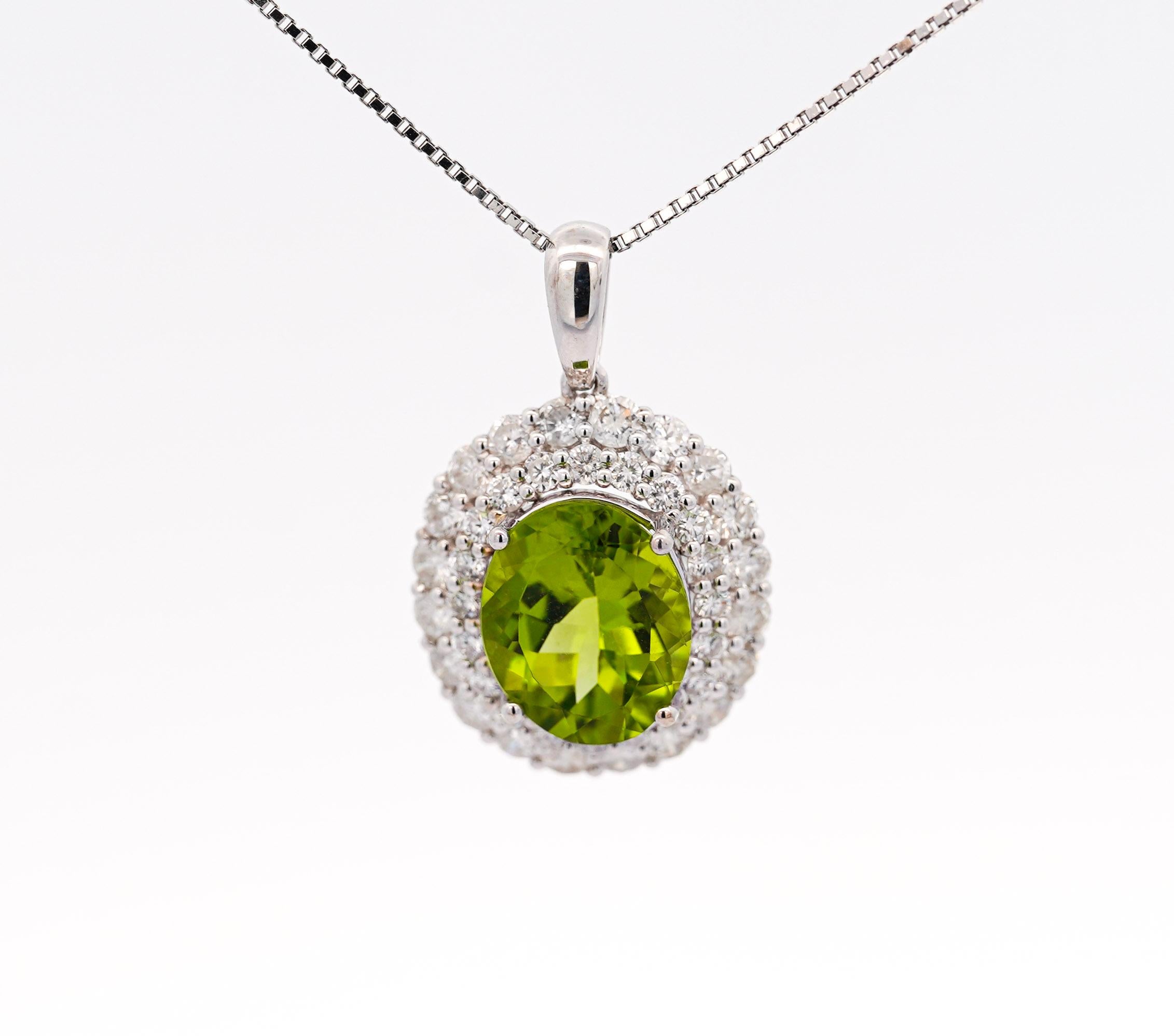 5.03 Carat Oval Peridot Pendant with Round Cut Diamond Halo in 18K White Gold For Sale 1