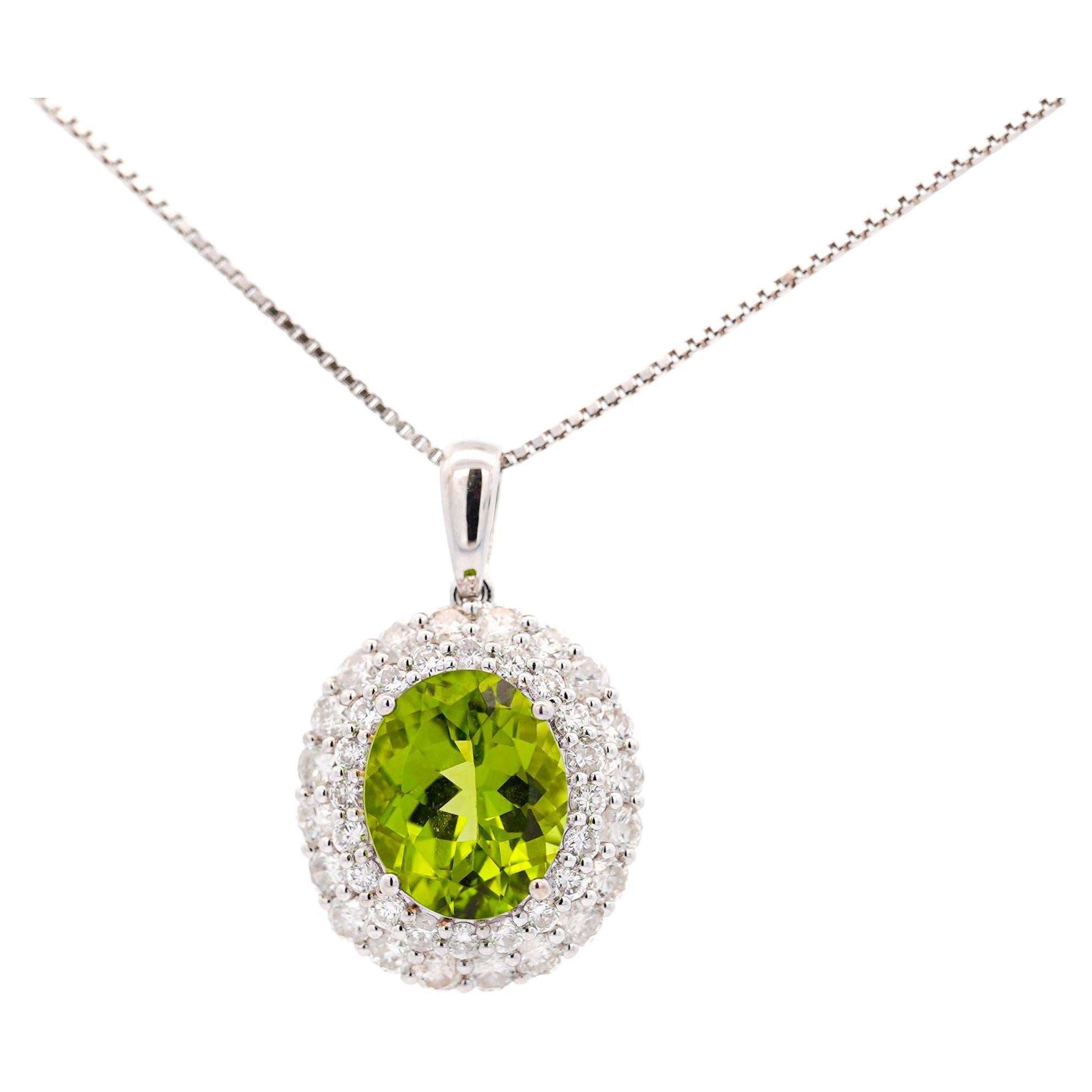 5.03 Carat Oval Peridot Pendant with Round Cut Diamond Halo in 18K White Gold For Sale