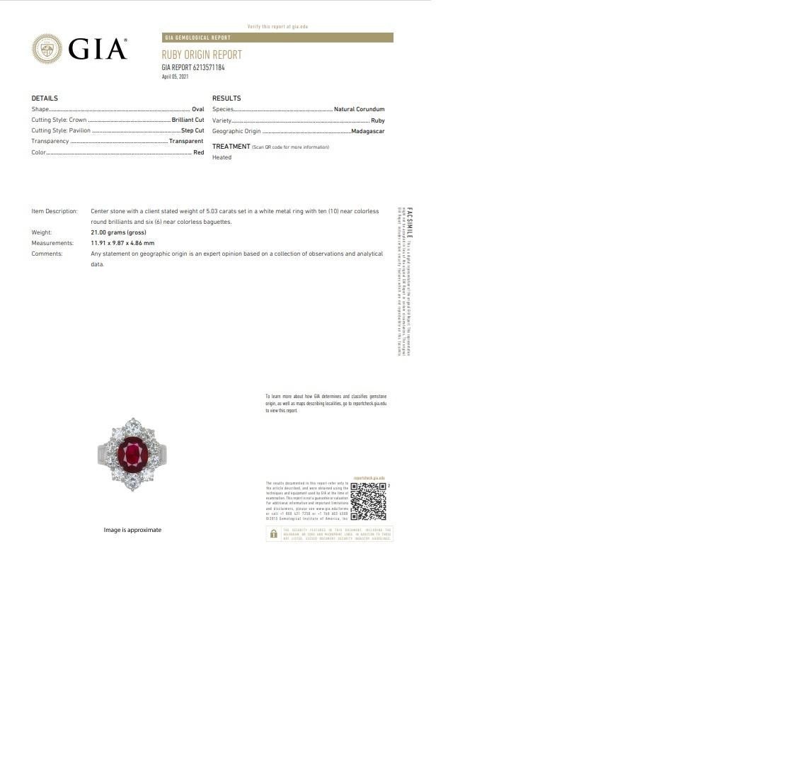 5.03 Carat Ruby Diamond Platinum Ring, GIA Certified For Sale 1