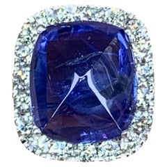 5.03 Carat Sugarloaf Ceylon Sapphire Ring with Halo Diamonds in 18K White Gold