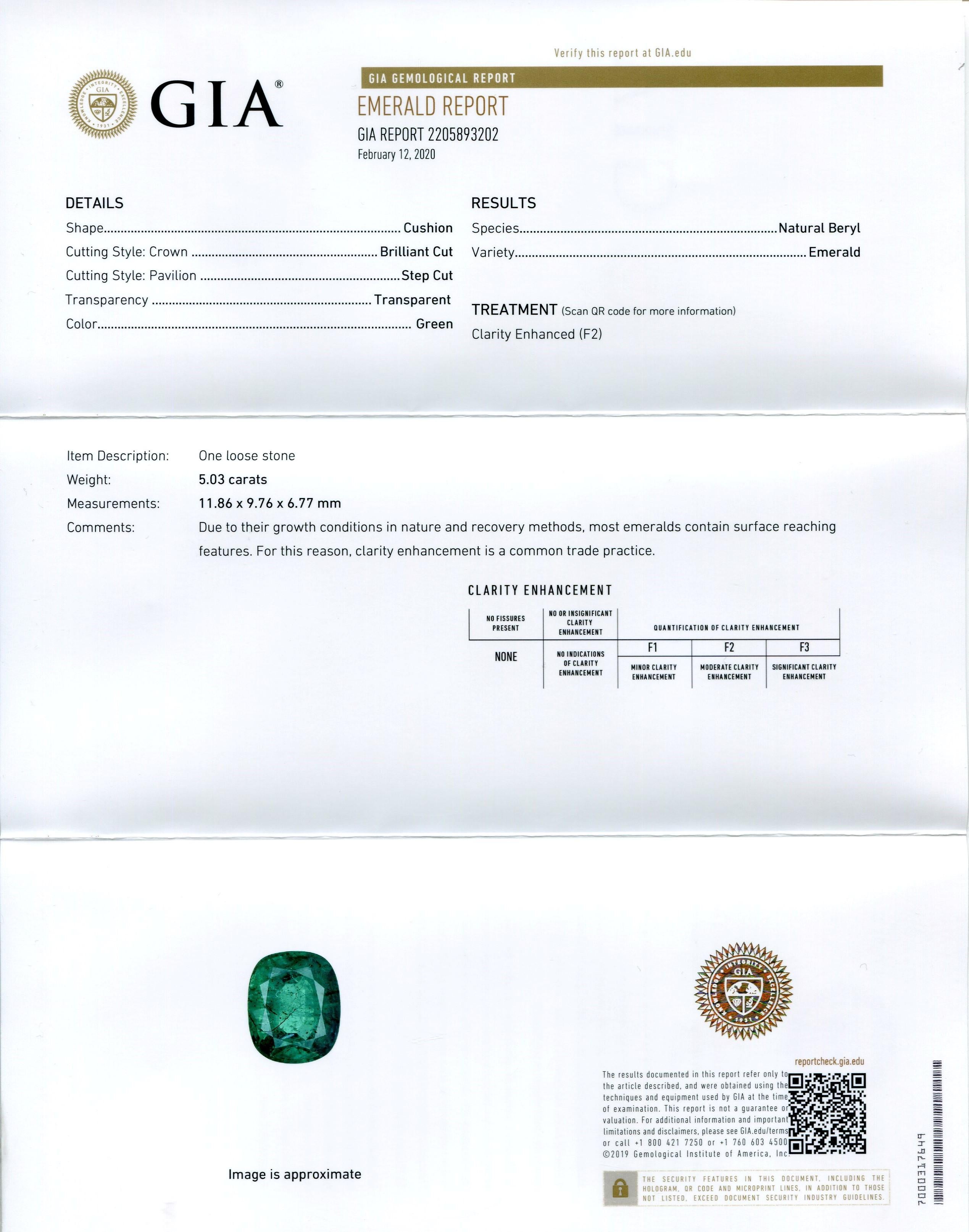 Dies ist ein atemberaubender GIA-zertifizierter Smaragd 

Der GIA-Bericht lautet wie folgt:

GIA-Berichtsnummer: 2205893202
Die Form: Kissen
Schneidestil: 
Schnittart: Krone:  Brillant-Schliff
Schnittstil: Pavillon: Stufenschnitt
Transparenz: