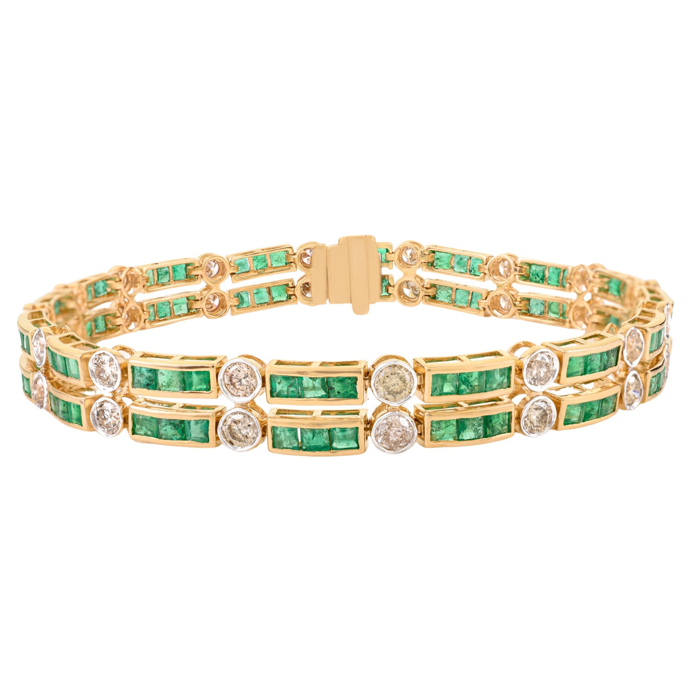 Bracciale Tennis a doppia fila di smeraldi e diamanti da 5,03 carati in oro giallo 14K