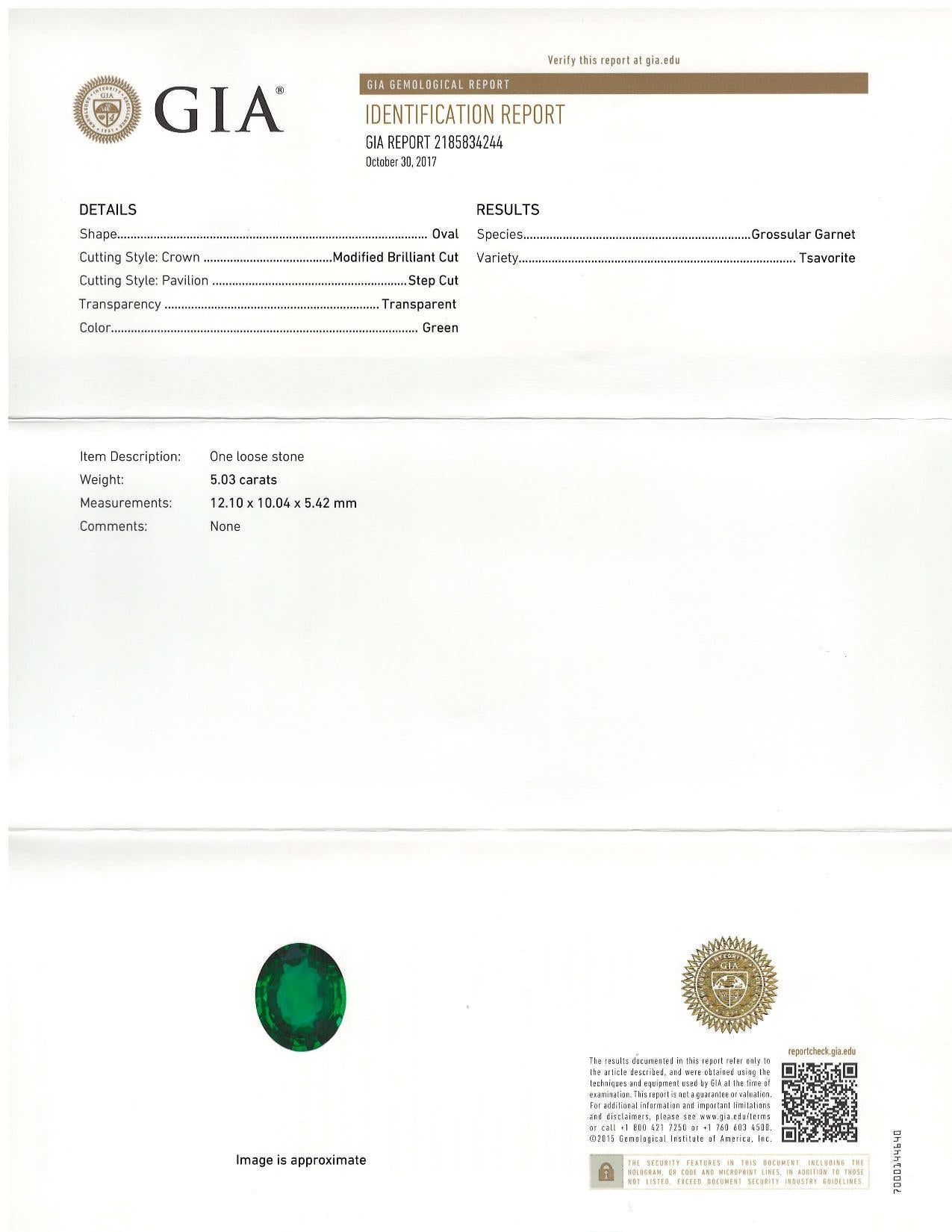 This beautifully intense, bright green tsavorite garnet weighs 5.03 carats and measures 12.10 x 10.04 x 5.42 millimeters, making it the perfect size for an impressive ring or pendant! It is a highly saturated pure green color with no secondary