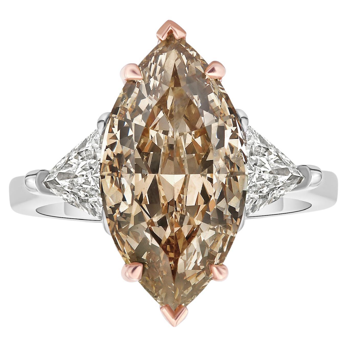 5 Carat Marquise Cut Fancy Yellow Brown Diamond Ring For Sale