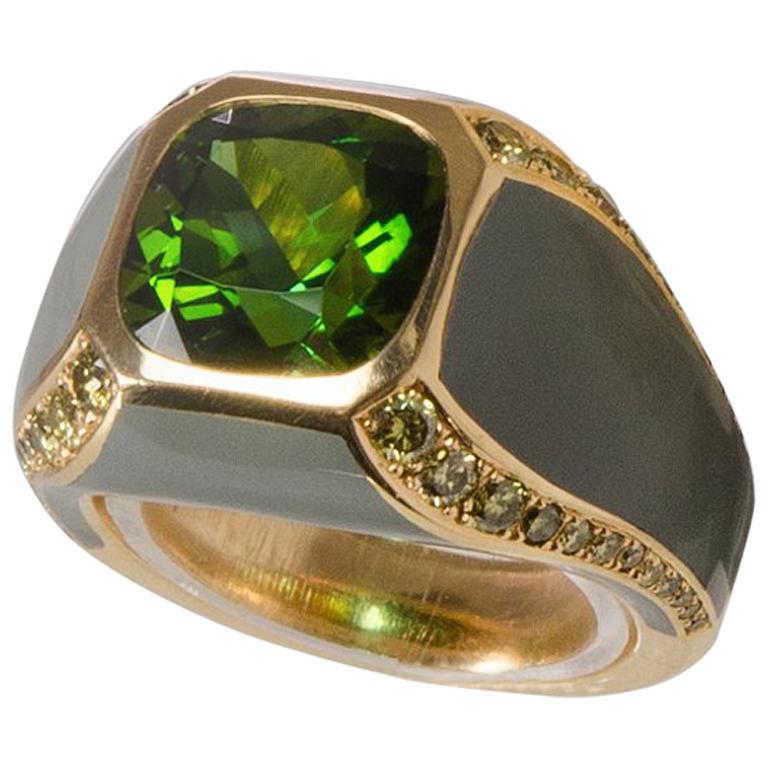 5.04 Carat African Tourmaline Natural Green Diamonds and Green Ceramic Ring For Sale