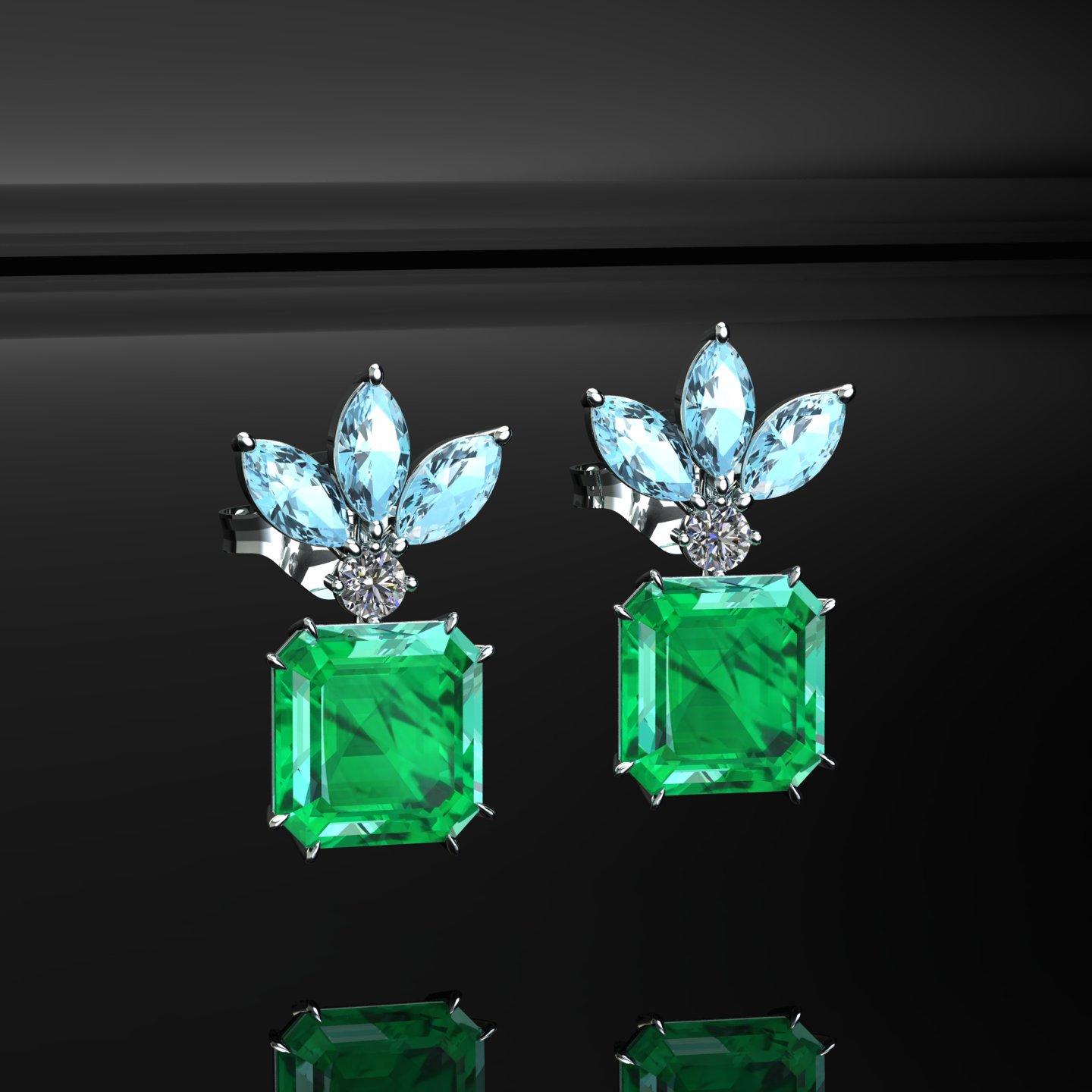 5,04 Karat kolumbianische Smaragde, Diamanten und Aquamarine Platin-Ohrringe (Smaragdschliff)