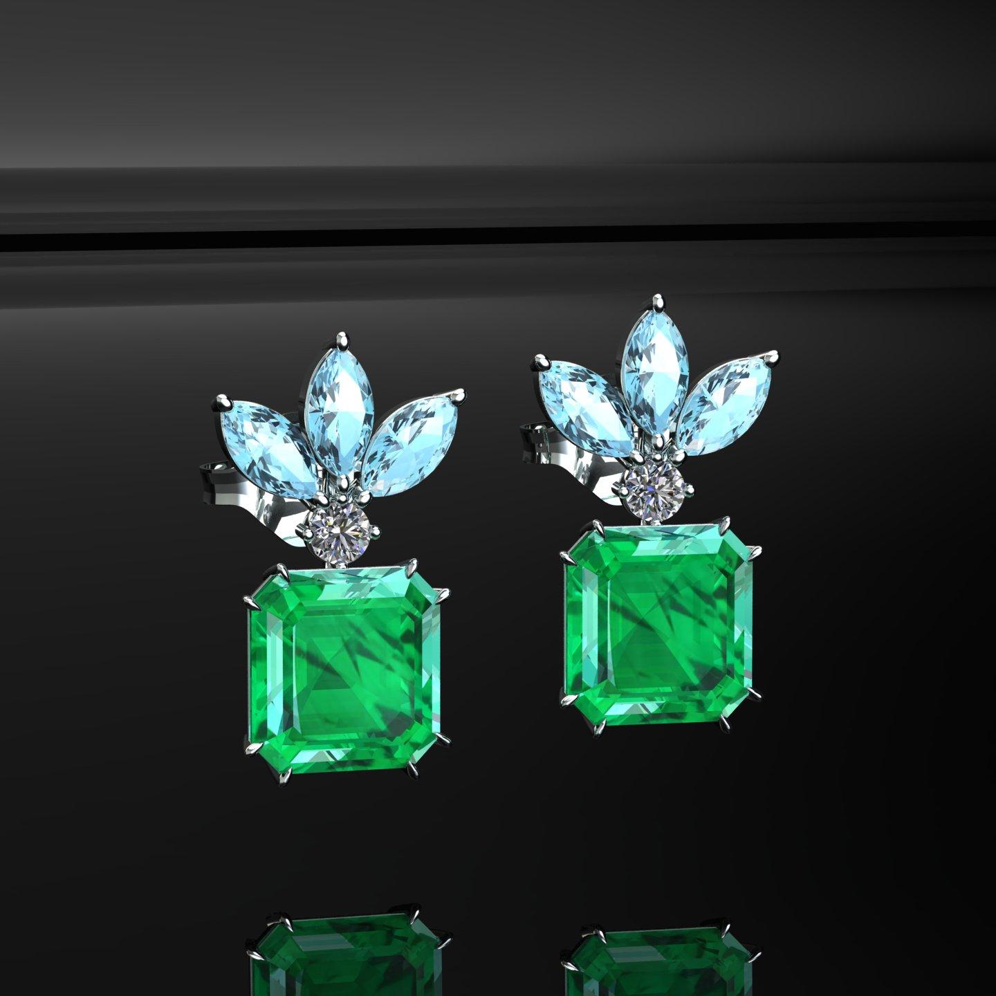 Taglio smeraldo Orecchini in platino con smeraldi colombiani, diamanti e acquamarine da 4.99 carati in vendita