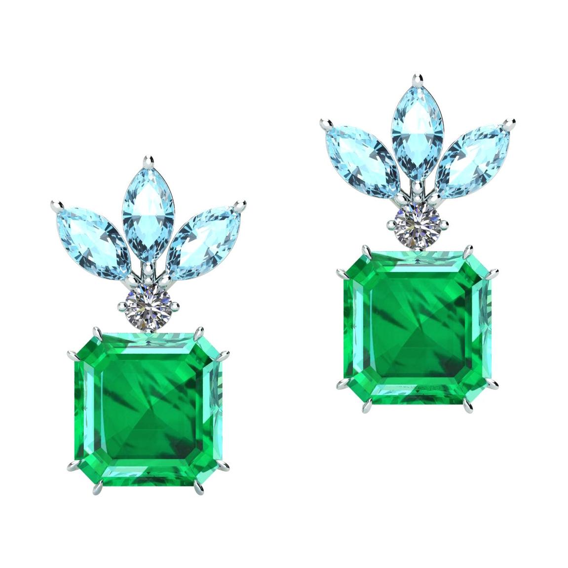 Pendientes de Platino Esmeraldas Colombianas, Diamantes y Aguamarinas de 4.99 Quilates