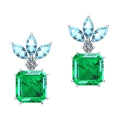 4.99 Carat Colombian Emeralds, Diamonds and Aquamarines Platinum Earrings