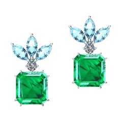 5.04 Carat Colombian Emeralds, Diamonds and Aquamarines Platinum Earrings