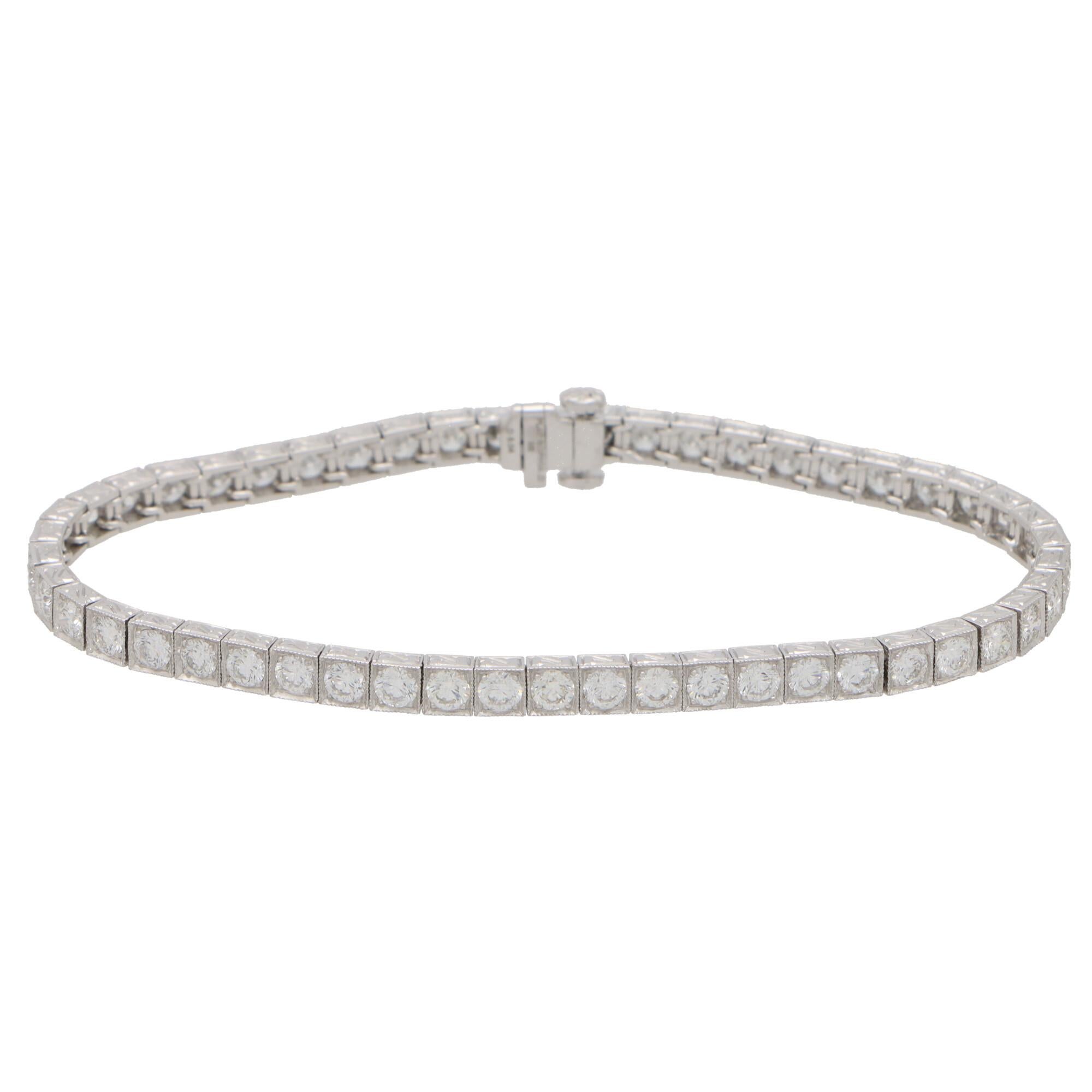 Round Cut 5.04 Carat Diamond Line Tennis Bracelet Set in Platinum For Sale