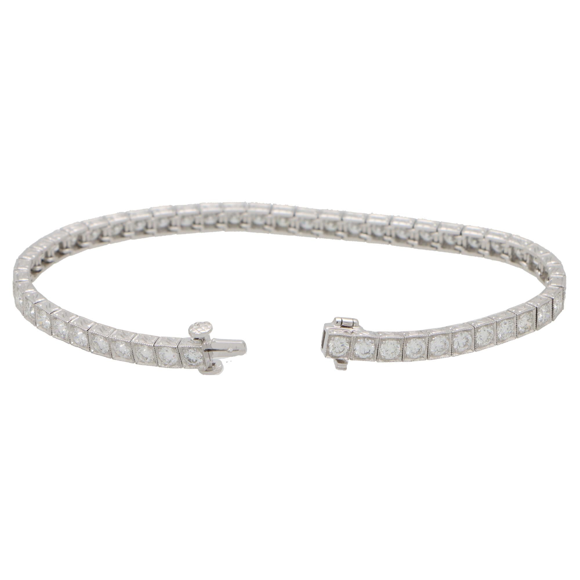 Women's or Men's 5.04 Carat Diamond Line Tennis Bracelet Set in Platinum For Sale