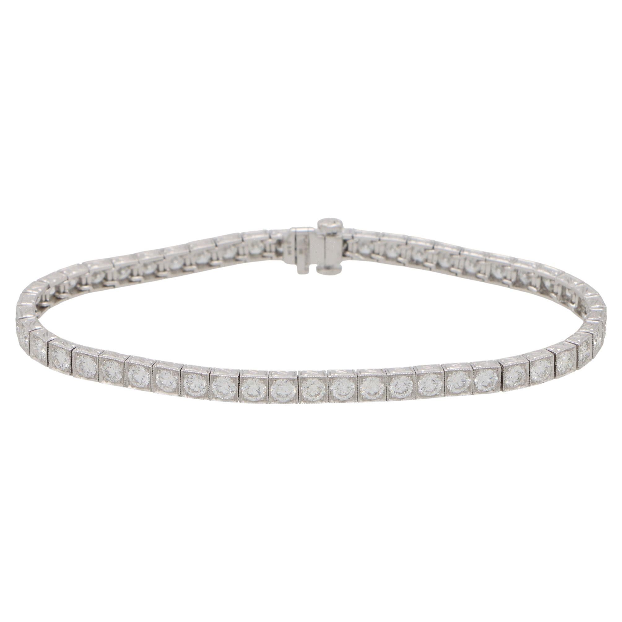 5.04 Carat Diamond Line Tennis Bracelet Set in Platinum For Sale
