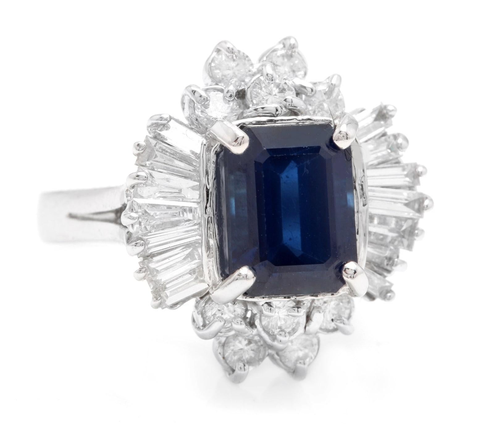 5.04 Carats Exquisite Natural Blue Sapphire and Diamond 14K Solid White Gold Ring

Total Blue Sapphire Weight is: Approx. 3.50 Carats

Sapphire Measures: Approx. 9.00 x 7.00mm

Sapphire Treatment: Heat

Natural Round & Baguette Diamonds Weight: